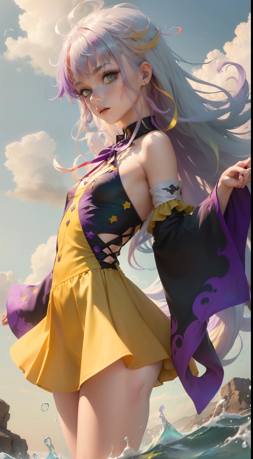 1.5),(1 girl),(Dynamic Pose),(multicolored hair+Silver hair:1.3+Red hair:1.2+Purple hair+Yellow hair:1.3+Green hair:1.3),(Blue eyes),(Neck ribbon),(floating),(cloud),(Too many drops of water),(Twilight),(watercolor paiting),(Wide Shot)