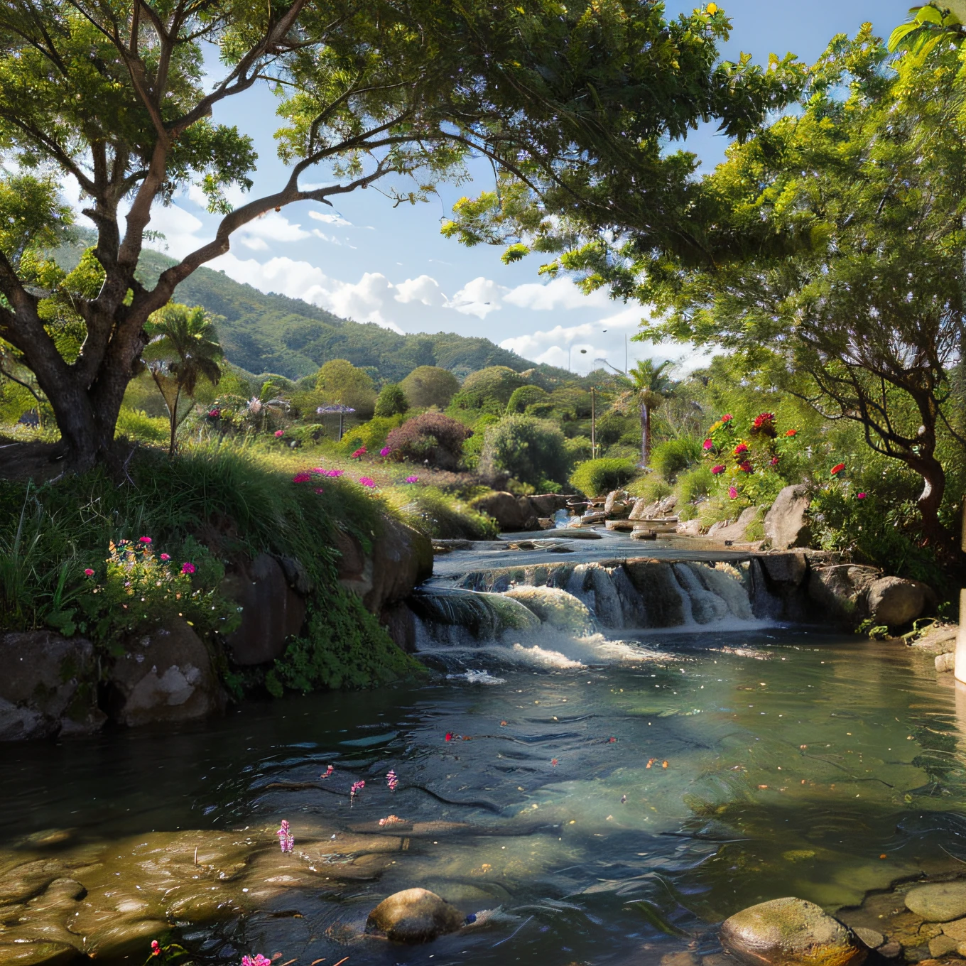 A very beautiful landscape with various types of trees, Frutas, flores coloridas, com um belo rio, realista, algo bem belo