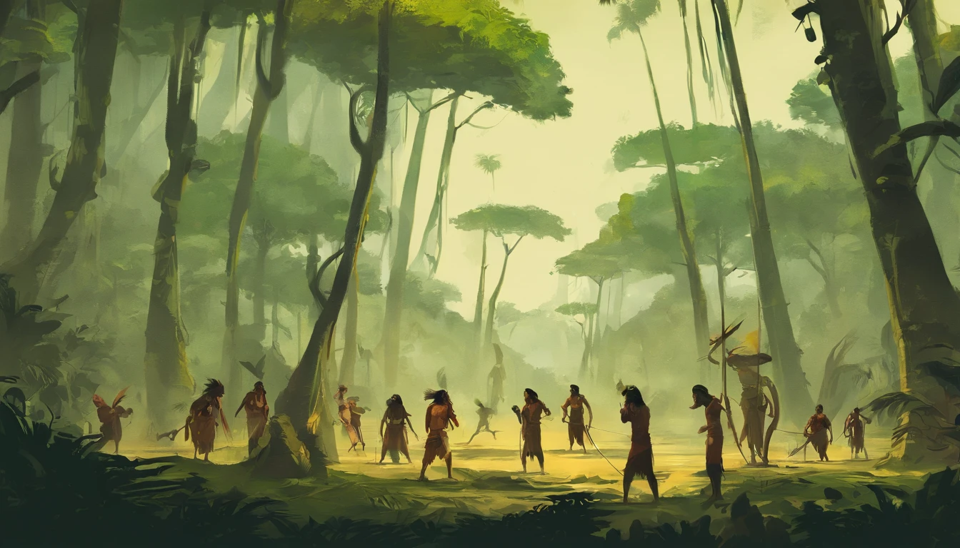 A group of indigenous Amazonian Brazilians arguing angrily on a background of tall trees, em tons verdes e amarelos.