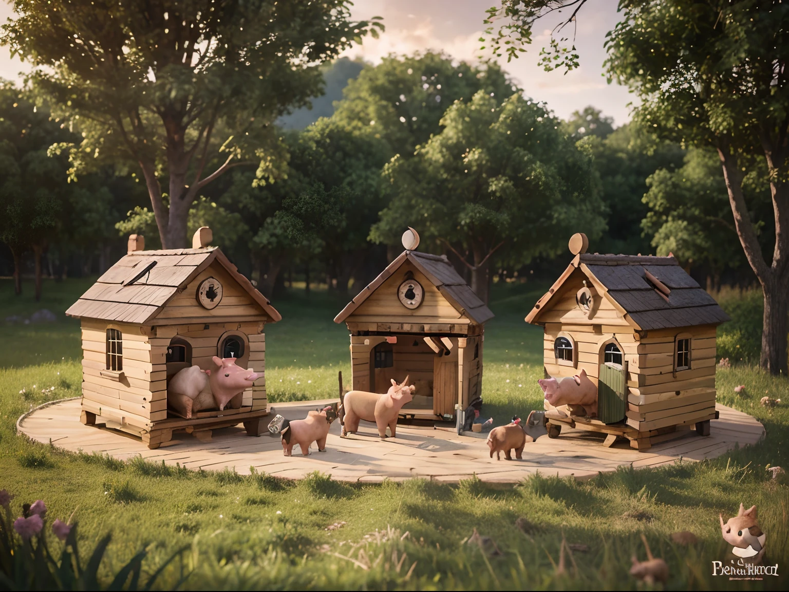 Create a 3D animated image of the classic tale "The Three Little Pigs".
"Key Elements: 1. Untitled. 2. Illustrations: - Create a central illustration of the play featuring One Daddy Pig, and the three little pigs, Practical, Playful and Resourceful, each representing their distinct personalities, such as Practical with his wooden house, Playful with straw and Resourceful with sturdy bricks. All the little pigs are boys. - Include the hidden Big Bad Wolf. 3. Setting: - Place the characters in an enchanting landscape with rolling hills, a lush forest and cozy houses. The setting it should evoke warmth and a spirit of adventure.