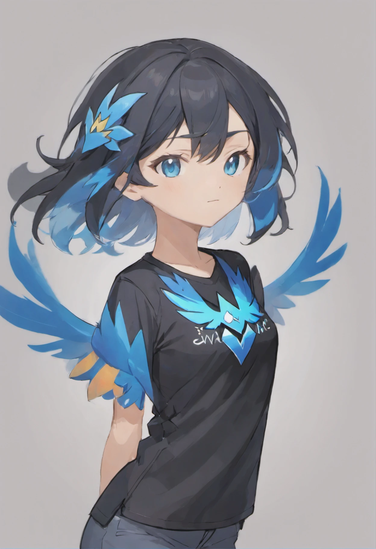 ((Melhor qualidade)),Garoto pardo, cabelo curto, corpo inteiro, olhos bonitos e detalhados, Black shirt with blue sleeves and a blue phoenix emblazoned on the left side of the shirt.
