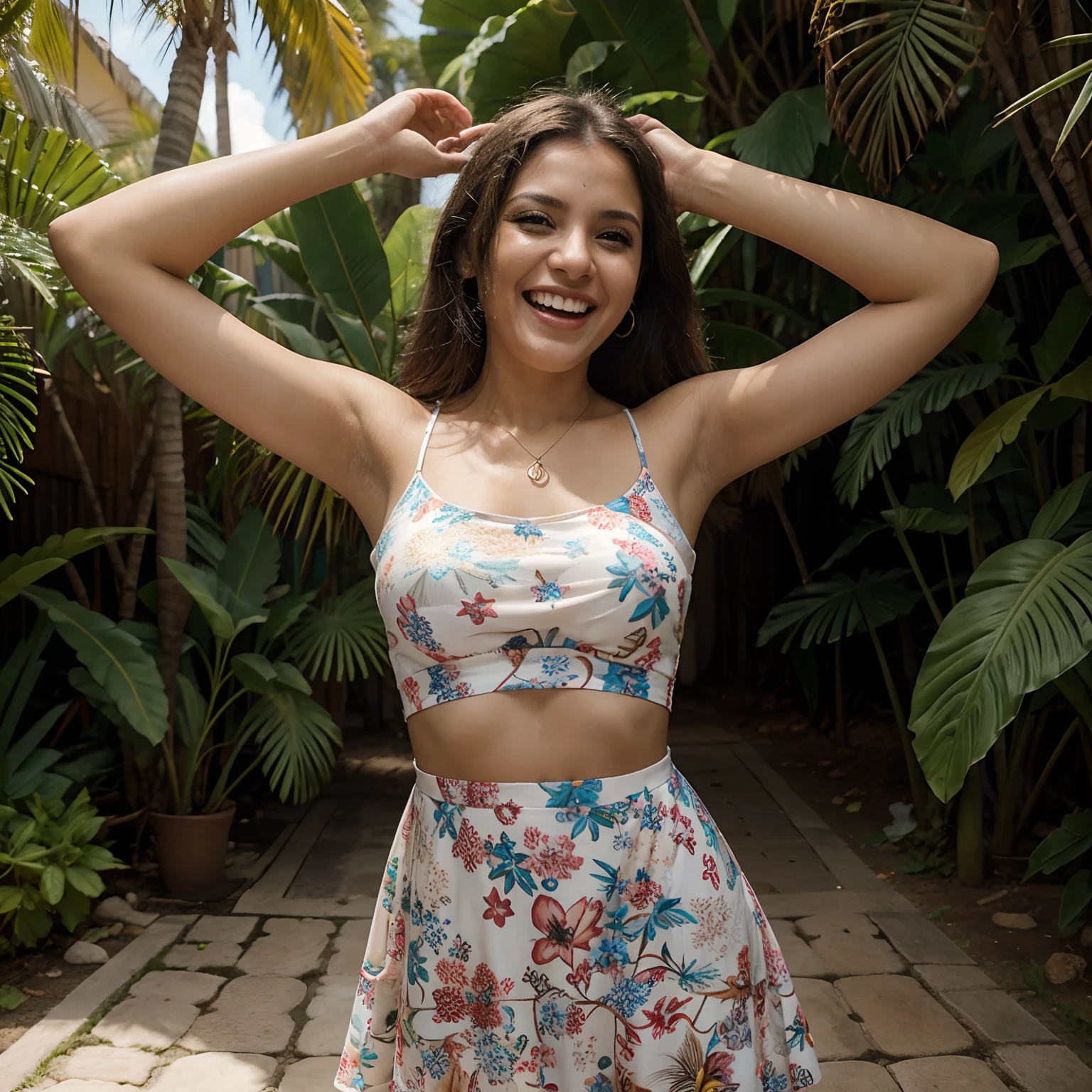 Brasileira, raised arms, Laughing at the camera,  vestido comprido de festa  noturna na cor preta com brilho, ao fundo jardim