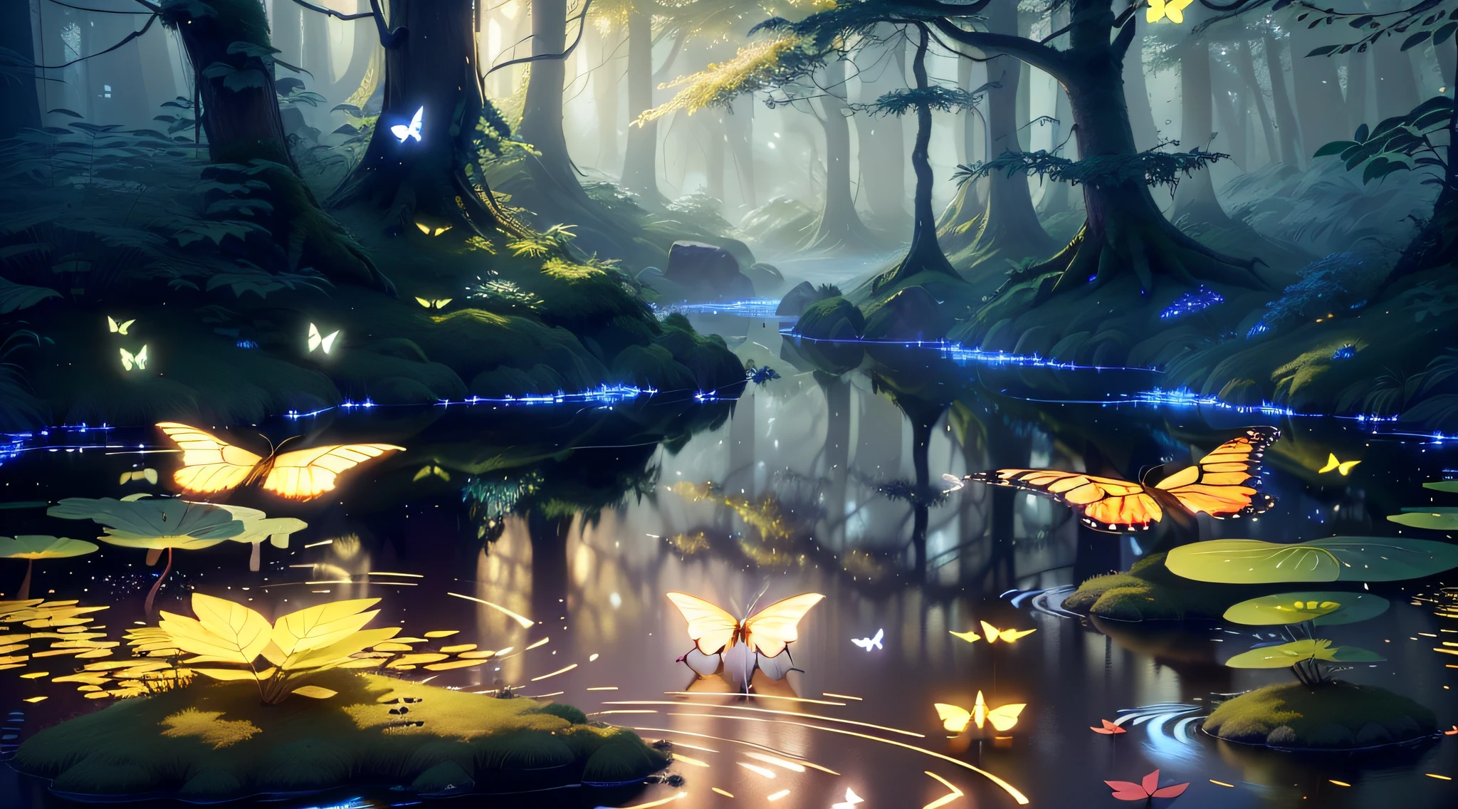 A masterpiece, the best quality, stunning reflections, the best reflections ever. (very detailed CG unity 8k wallpapers), (best quality), (best illustrations), (best shadows), forest theme with natural elements. Tall trees, quiet streams, small glowing mushrooms surrounded by delicate leaves and branches, with fireflies and glowing particle effects,, (natural elements), (jungle theme), (leaves), (twigs), (fireflies), butterflies, (delicate leaves), (glow), (particle effects). , Isometric 3D, Octane Rendering, Ray Traced, Super Detailed