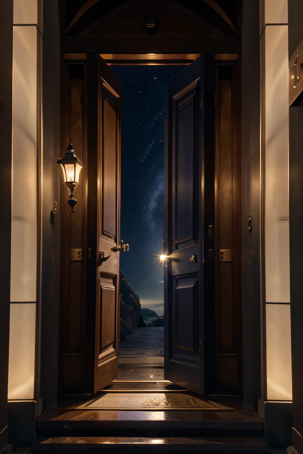 Crie uma imagem com uma porta de madeira antiga, with a magical and mysterious air. The door is partially open, Revealing a heavenly scenery on the steps in front of you. in the sky above, There are twinkling stars and a bright crescent moon. Na porta, There's a big eye, representing the power of oracles to observe and light the way. Ao redor da porta, There are astrological elements, such as planets and constellations, Symbolizing the Power of Variations. The image conveys a sense of invitation to enter a new year full of possibilities and wisdom. It evokes the idea that by connecting with interference and consciously preparing, We can open the door to wiser and more conscious decisions in 2024. Be sure to utilize rich and vibrant colors to convey the magical and mysterious atmosphere, Highlighting the Importance of Oracle Variations.