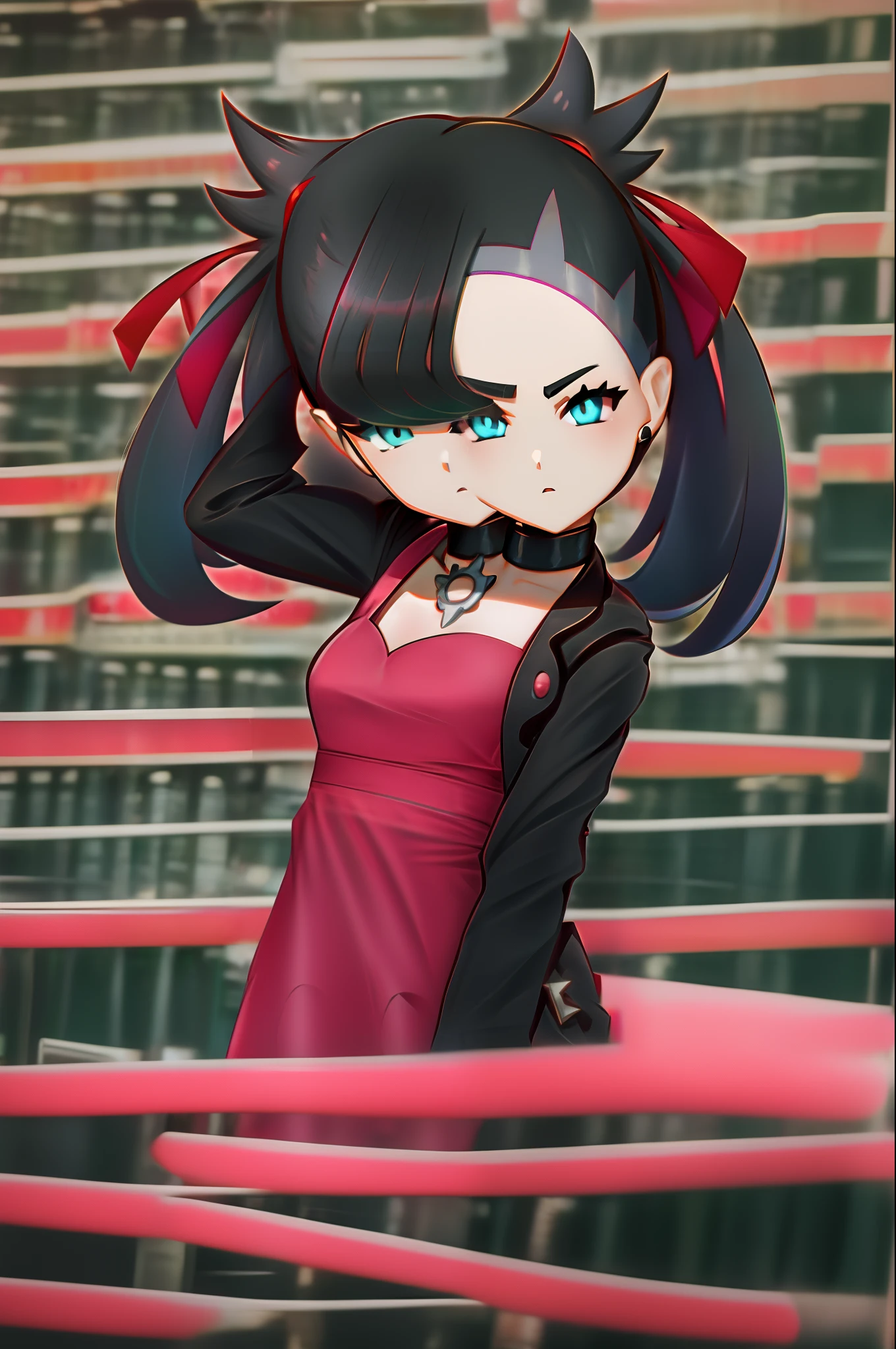 ((2heads)), ((hmmarnie)), aqua eyes, black choker, red ribbon, pink dress, jewelry, black jacket, open clothes, long sleeves, ExtraArms