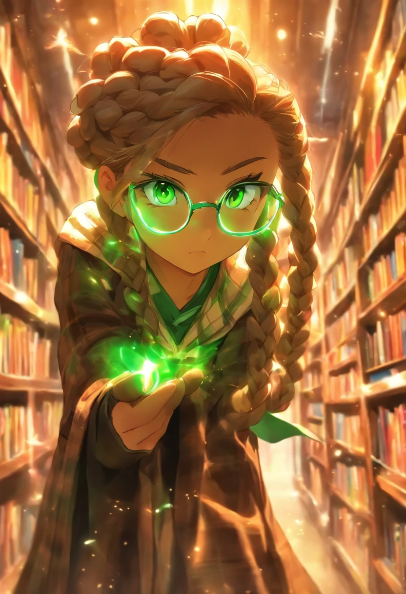 Girl with a book.Light brown hair.uses magic.Glasses removed.Wearing a graduation cap.Wearing a black cloak.Eyes are brown.eyes gentle.Age is .Hair braids.Vermilion gloves that extend to the upper arm.The background is a dimly lit library.Wearing a belt.kawaii.Clothes are green and white plaid.The skin between the shoulders and chest is protruding