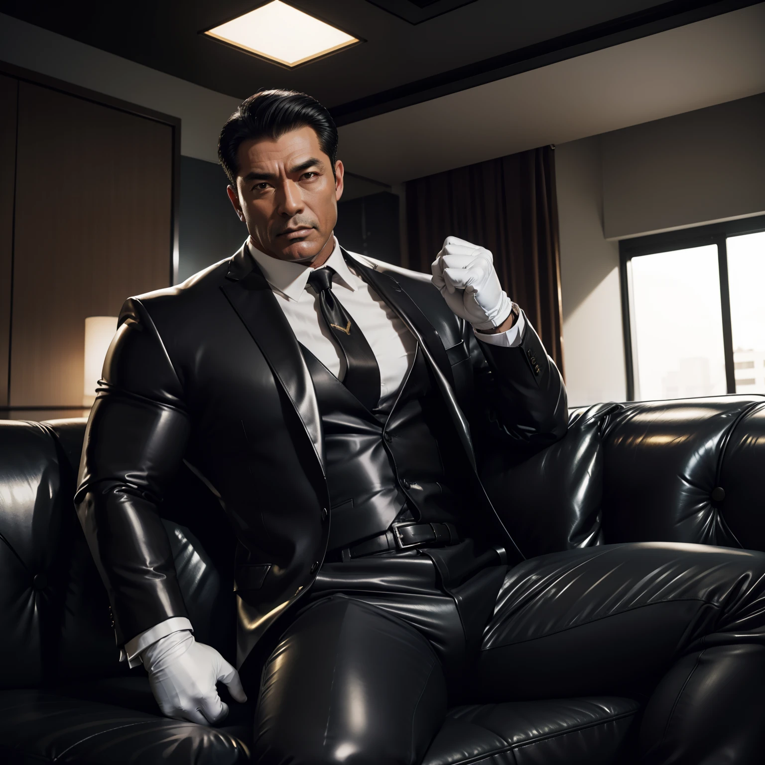 50 years old,daddy,shiny suit ,Dad sat on sofa,k hd,in the office,big muscle, gay ,black hair,asia face,masculine,strong man,the boss is,handsome,sex,leather gloves,lecherous dad,look straight ahead,dad is handsome,dad is handsome ,dad is horny dad