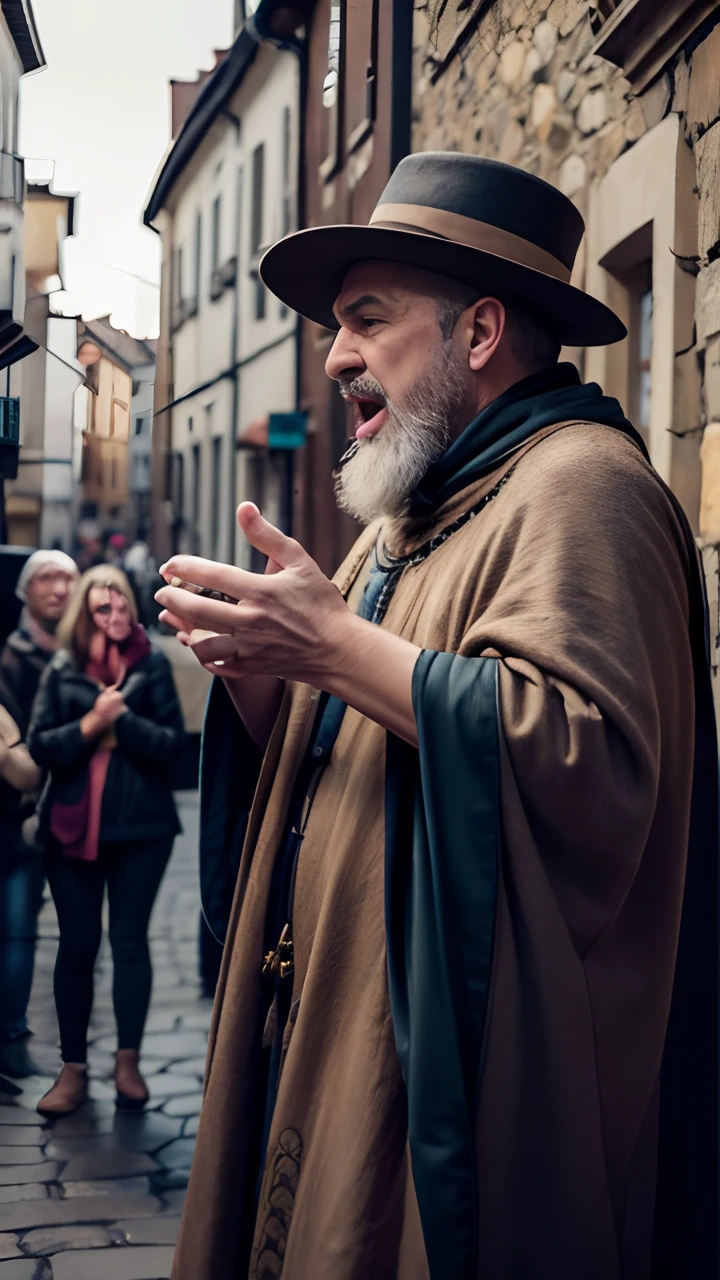 A medieval herald on a medieval street loudly chants an announcement, Addressing the townspeople, dressed in early medieval clothes, (Expressive articulation:1.4), Expressive gestures, A medieval herald on a cobbled street in an early medieval town, Alert on important news. He is dressed in traditional medieval attire, with a long cloak and hat, decorated with feathers. His face is weather-beaten and expressive, with detailed eyes, Strong nose, and a thick beard, (Best Quality,4k,8K,hight resolution,Masterpiece:1.2),Ultra-detailed,(Realistic,Photorealistic,photo-realistic:1.37),HDR,UHD,studio lightning,ultra-fine painting,sharp-focus,physical based rendering,extreme detail description,Professional,Vivid colors,bokeh