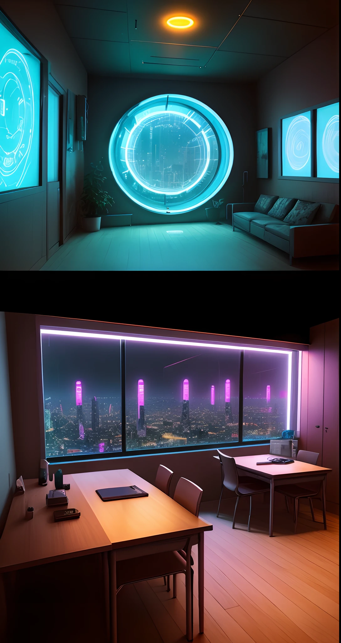 A room in a cyberpunk mansion Neon Room Beds and desks Monitor hanging on the wall Futuristic structure outside a large round window
Night view neons metalic