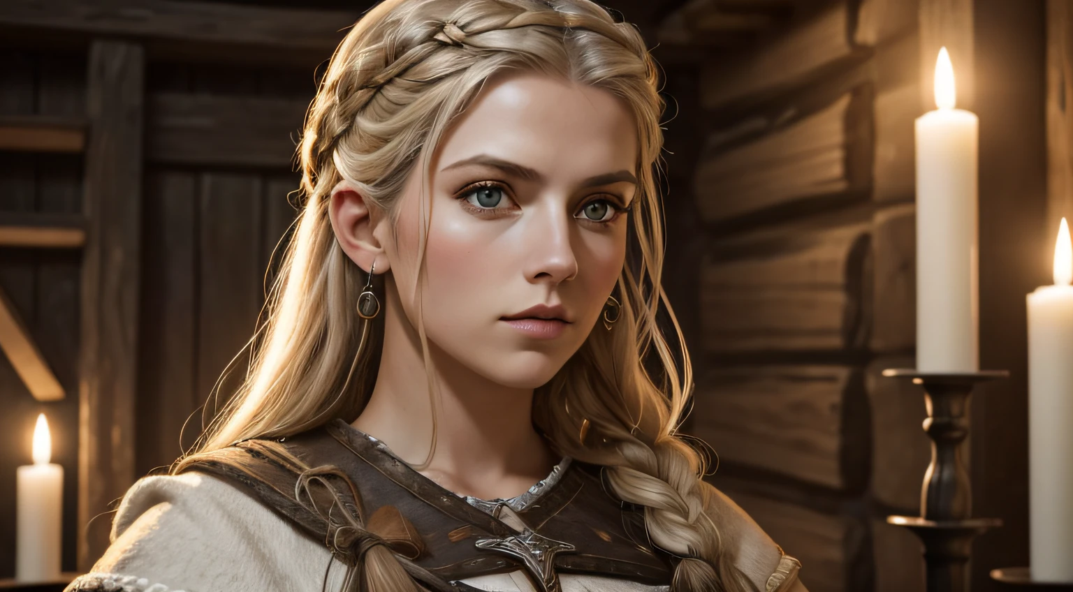 fotografia retrato de Marie Avgeroupolus como lagertha, Mulher viking bonita jovem, perfect symmetrical face, joias de nordicas, traditional handmade dress, guerreira viking armada, (((viking woman))) Ambiente, paisagem de Dinamarca, ultra realistic, arte conceitual, elegante, ((intrincado)), ((altamente detalhado)), profundidade de campo, ((profissionalmente colorido)), soft ambient lighting, Twilight, 8k