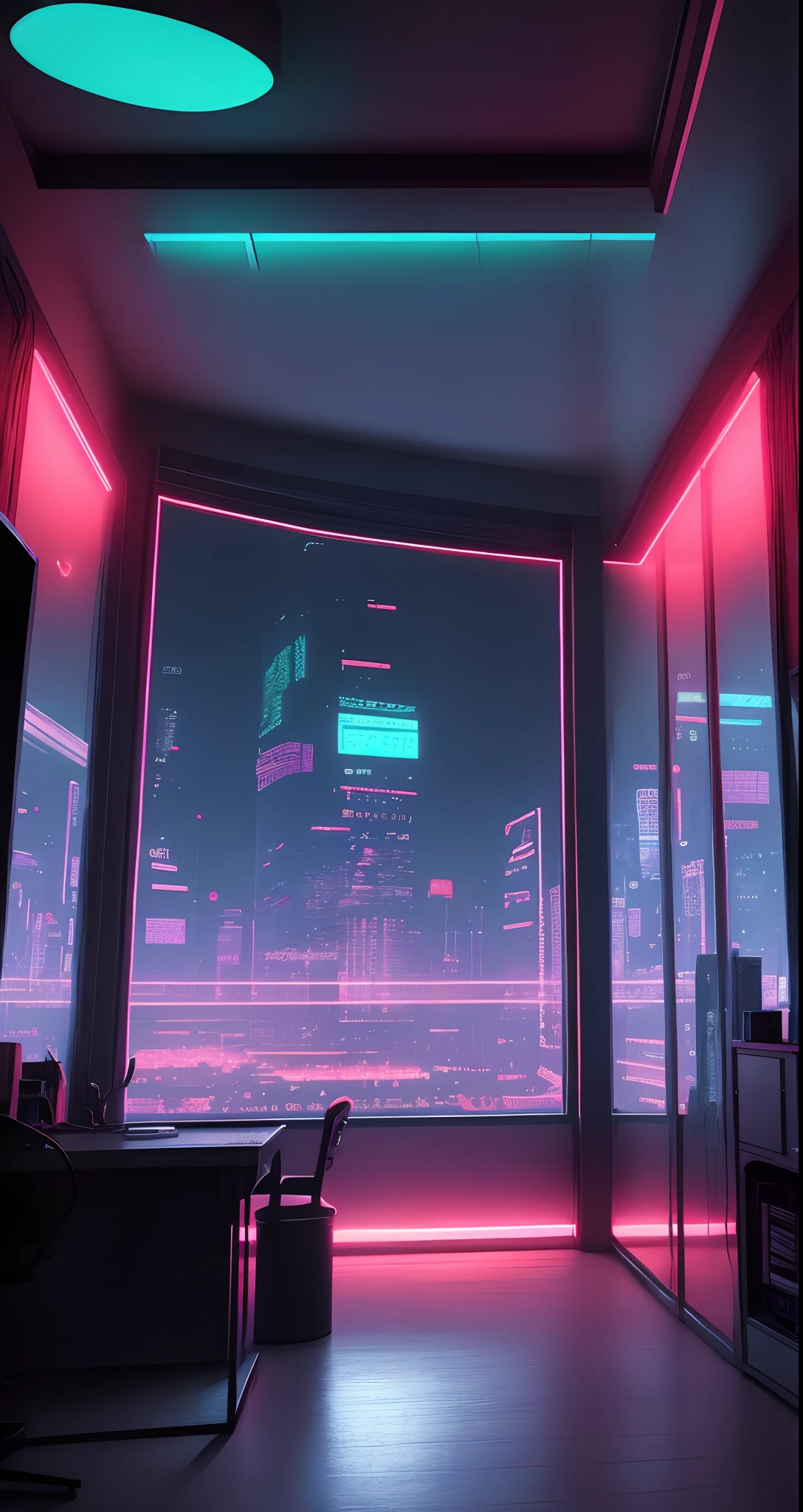 A room in a cyberpunk mansion　Neon Room　Beds and desks　Monitor hanging on the wall　Futuristic structure outside a large round window
Night view　neons　metalic
