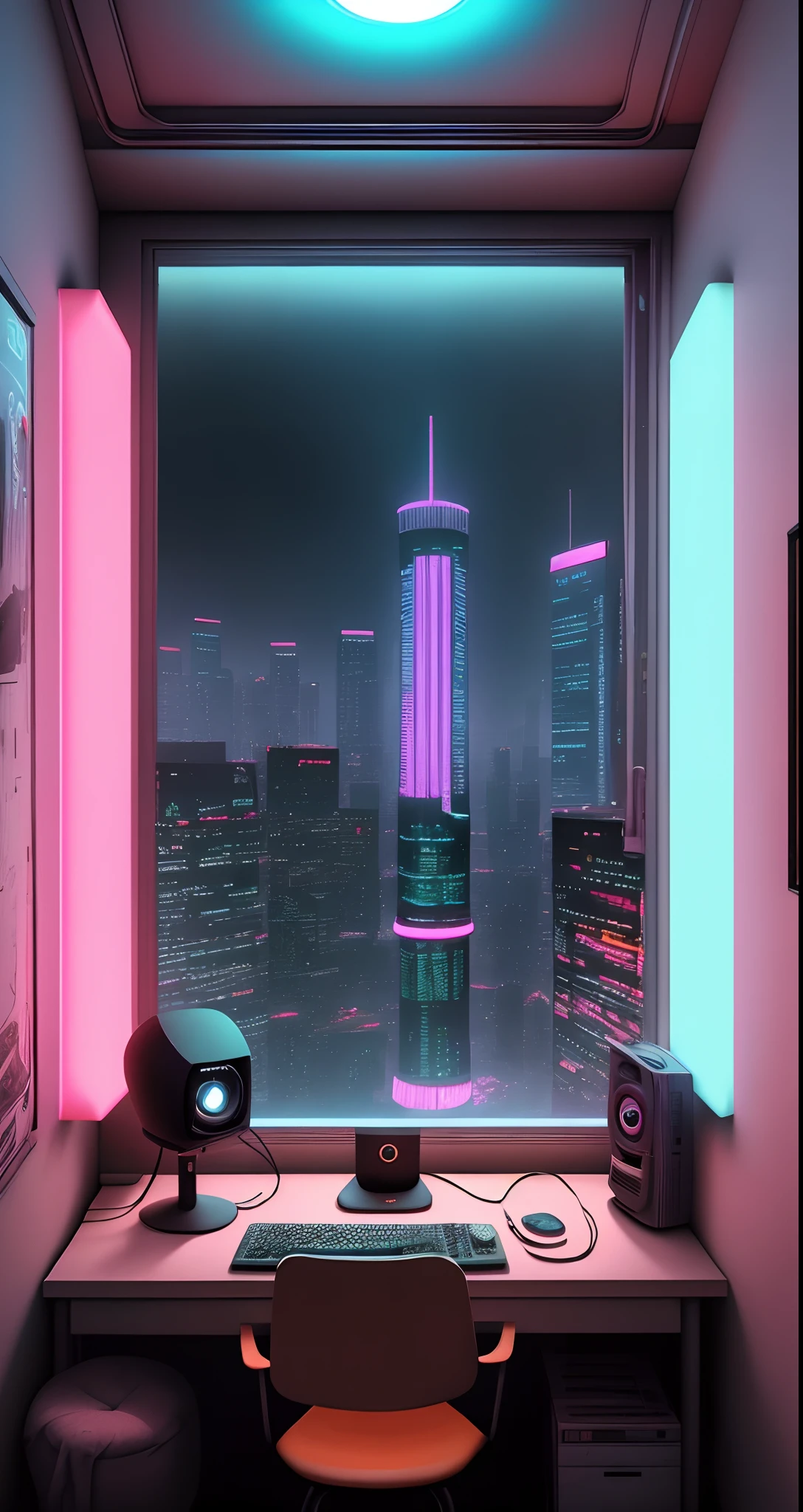 A room in a cyberpunk mansion Neon Room Beds and desks Monitor hanging on the wall Futuristic structure outside a large round window
Night view neons metalic