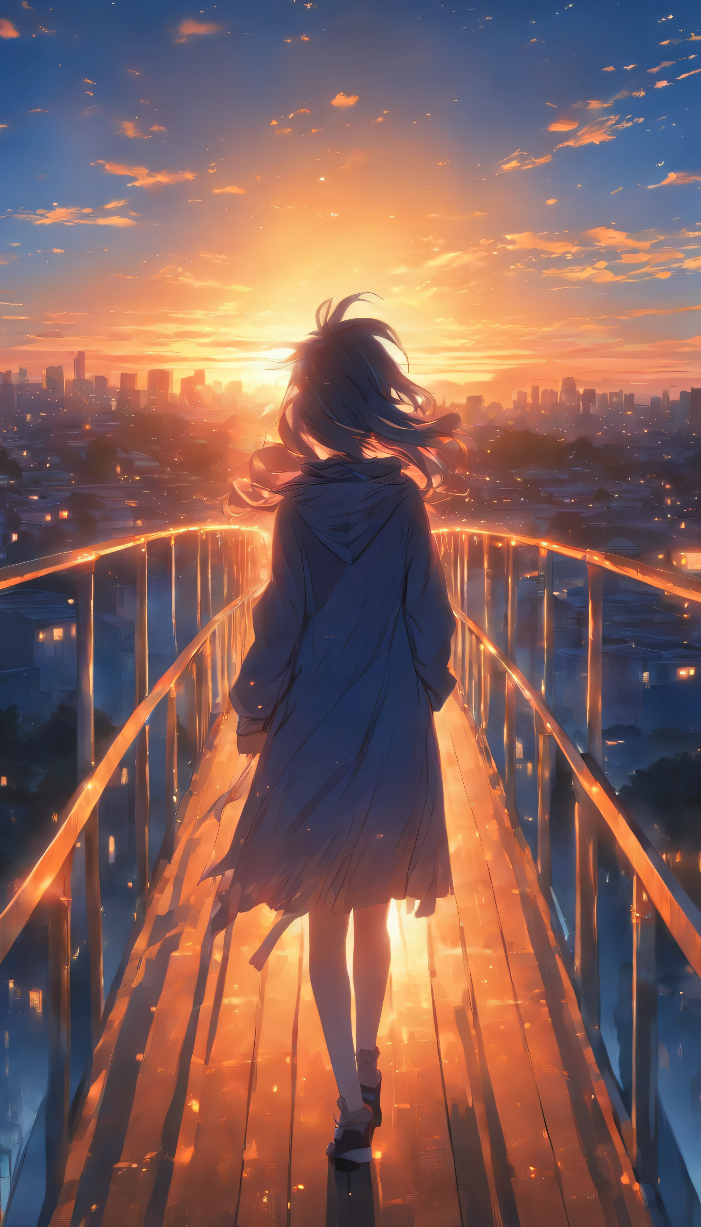 A woman twilight on a pedestrian bridge in the morning. The sun is diagonally above. Fantastic blue sky. Back view, face not visible , high quality down to the smallest detail. Fantastic landscape . People large .