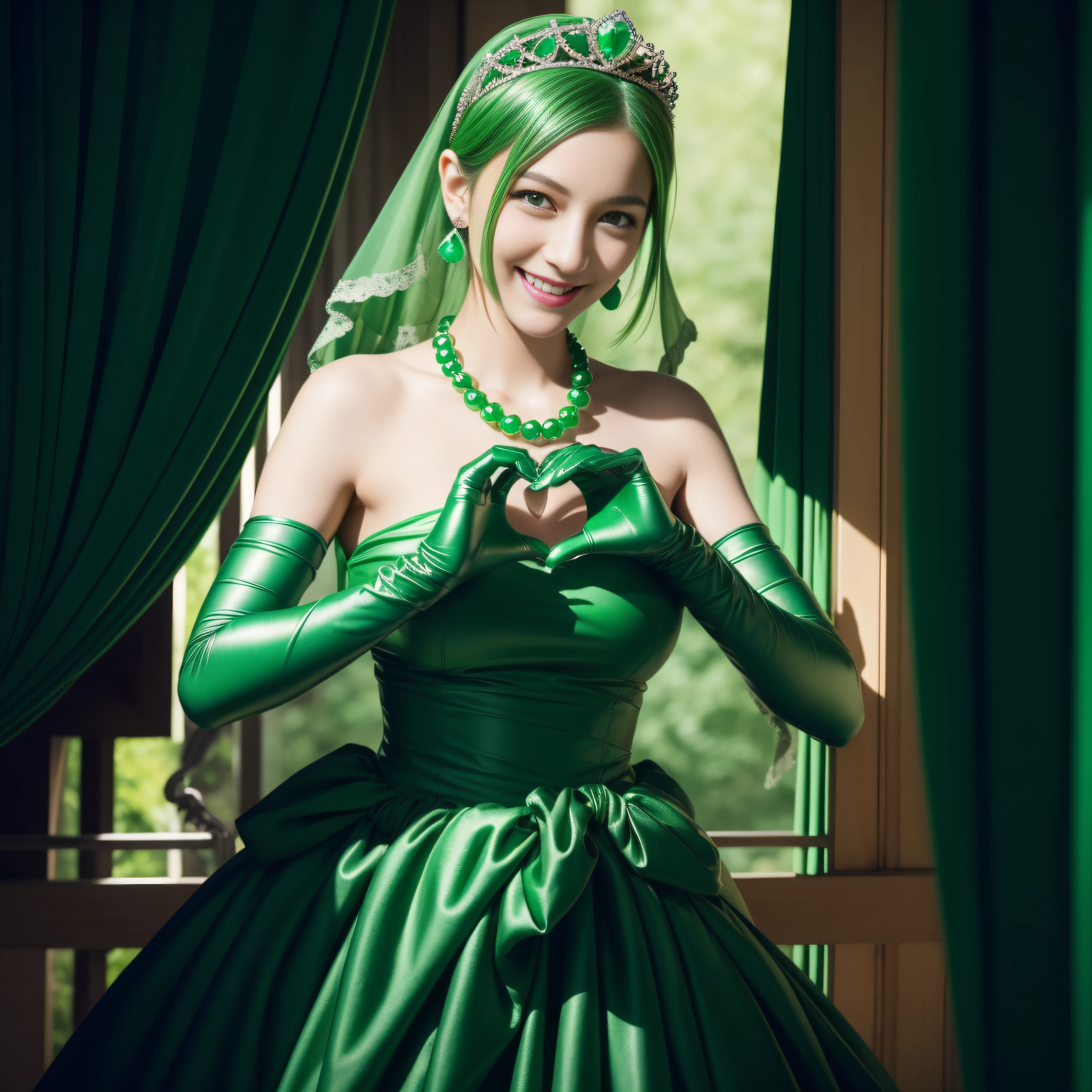 emerald tiara, Green Pearl Necklace, Boyish very short green hair, lipsticks, Japan woman smiling, very short short hair,  big breasts beautiful, Green eyes, Long green gloves made of satin material, Green eyes, Emerald Earrings, green vale, Heart with both hands