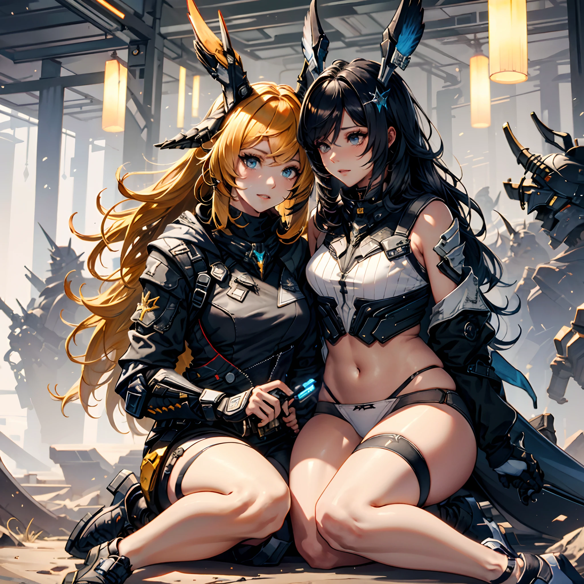 Warframe, dourada, cabelos longos, peitos enorme, exuberante, linhas perfeitas, fundo apocalipse, com asas, meteoro, espadas, Tiny underwear