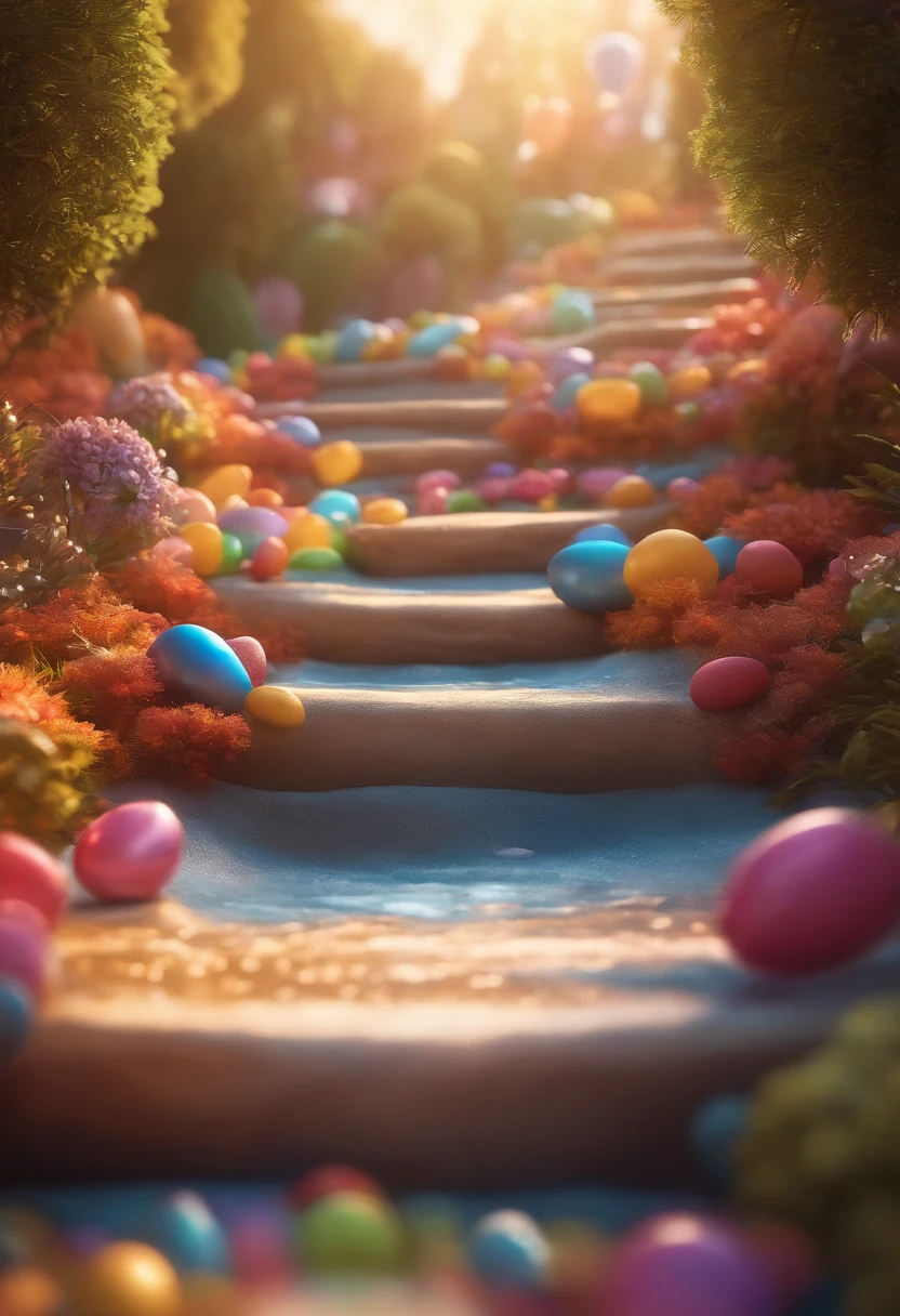 (Masterpiece, best quality:1.3), highly detailed, 8k, full background, candyland, ice cream, fantasy, rainbow, road, water, balloon, no humans, sharp focus, (depth of field), colorful, (scenery), tree, sky, ((shiny:1.2)), shadow, natural lighting, sparkle, [shimmer:0.2], cake, candy, dynamic view, fantastic, (details:1.2), extremely detailed background, atmosphere, bloom:0.4,  pastel colors, stairs, cinematic