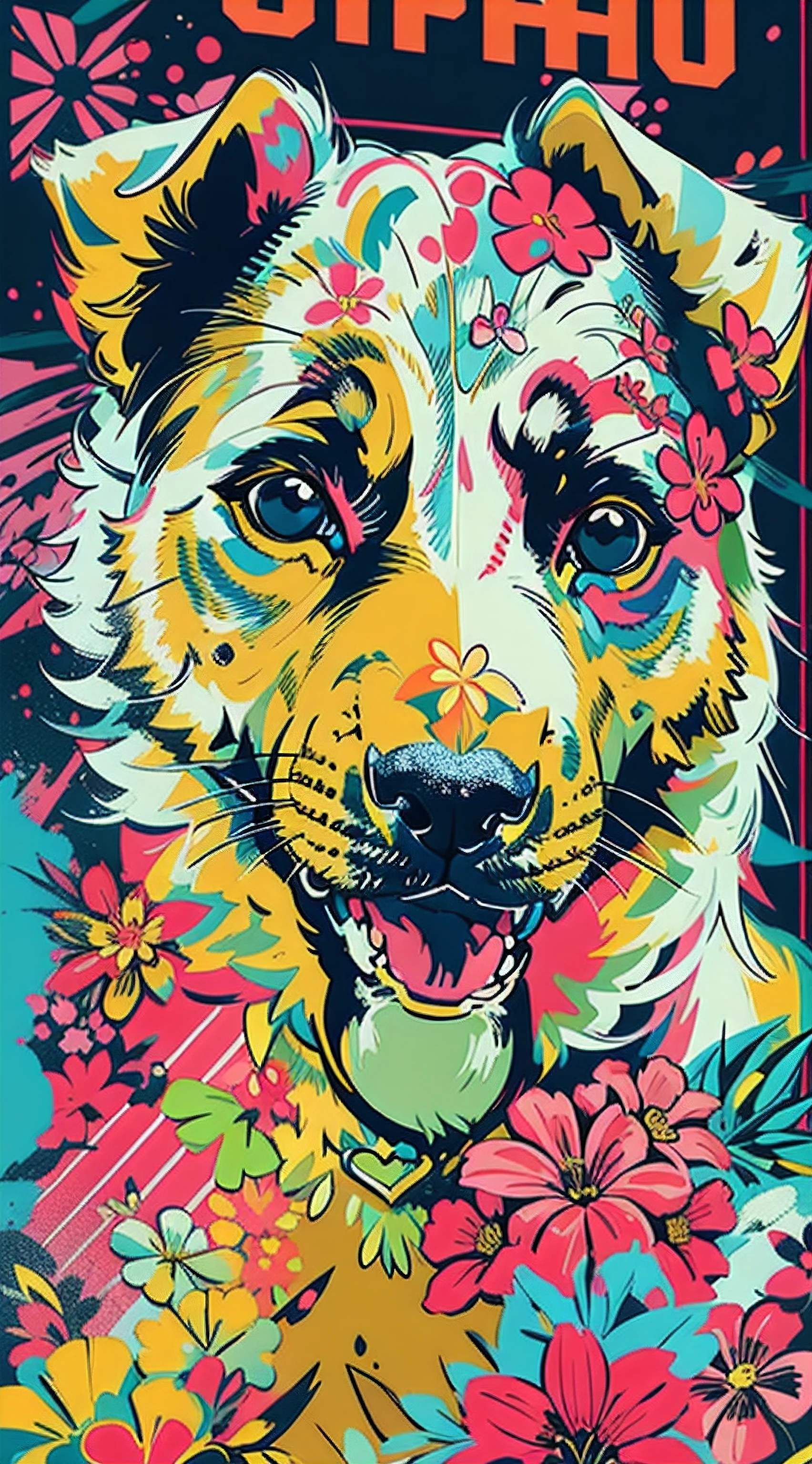 Create digital artwork in the Pop Art style, Featuring a vibrant and confident dog,street fashion, Movie color scheme, Surrounded by vintage flower motifs, Vibrant brushstrokes,Emotions should be dynamic, Upper body, Drawing, illustration, escala cinza, tropical, Many flowers,