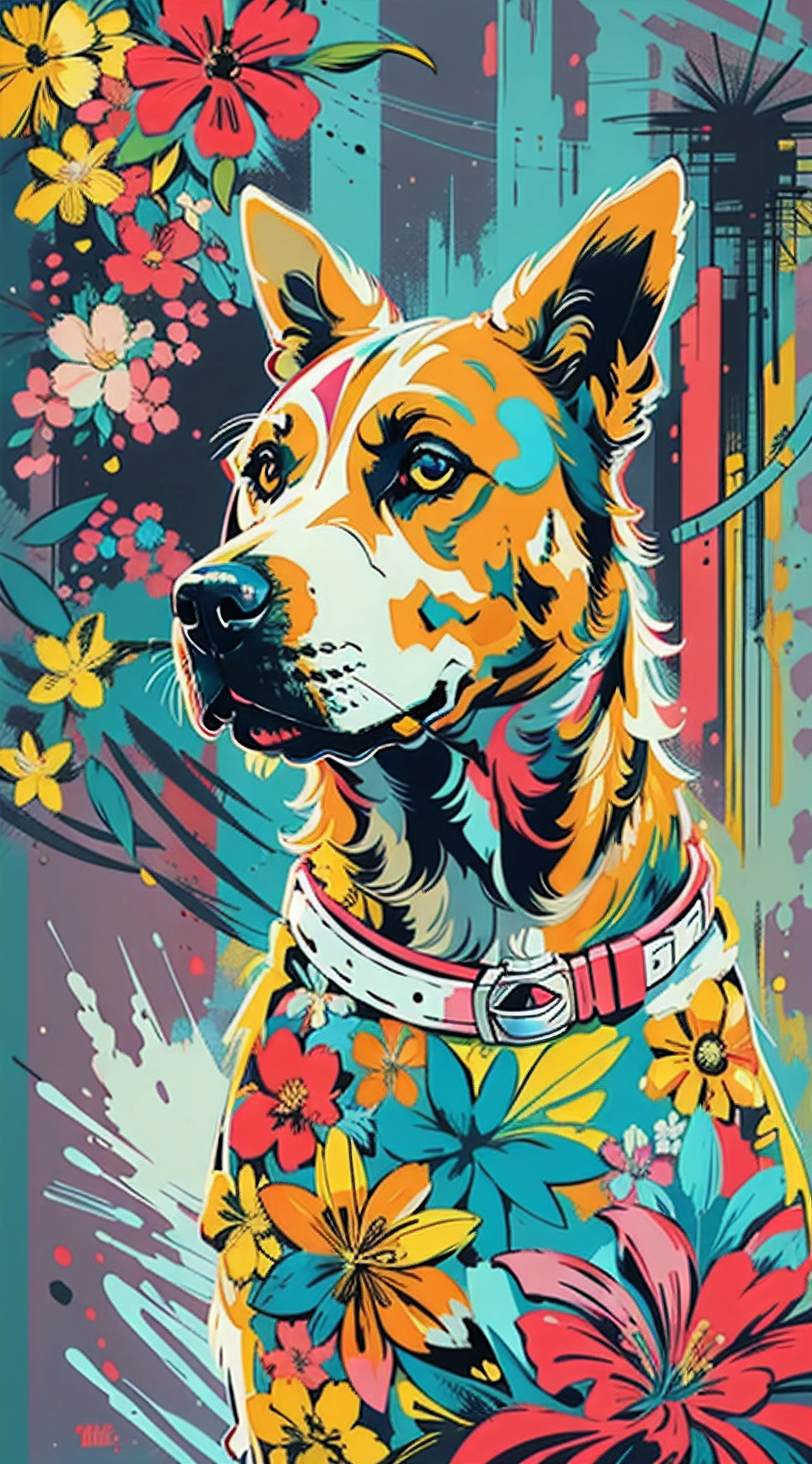 Create digital artwork in the Pop Art style, Featuring a vibrant and confident dog，street fashion, Movie color scheme, Surrounded by vintage flower motifs, Vibrant brushstrokes,Emotions should be dynamic, Upper body, Drawing, illustration, escala cinza, tropical, Many flowers,