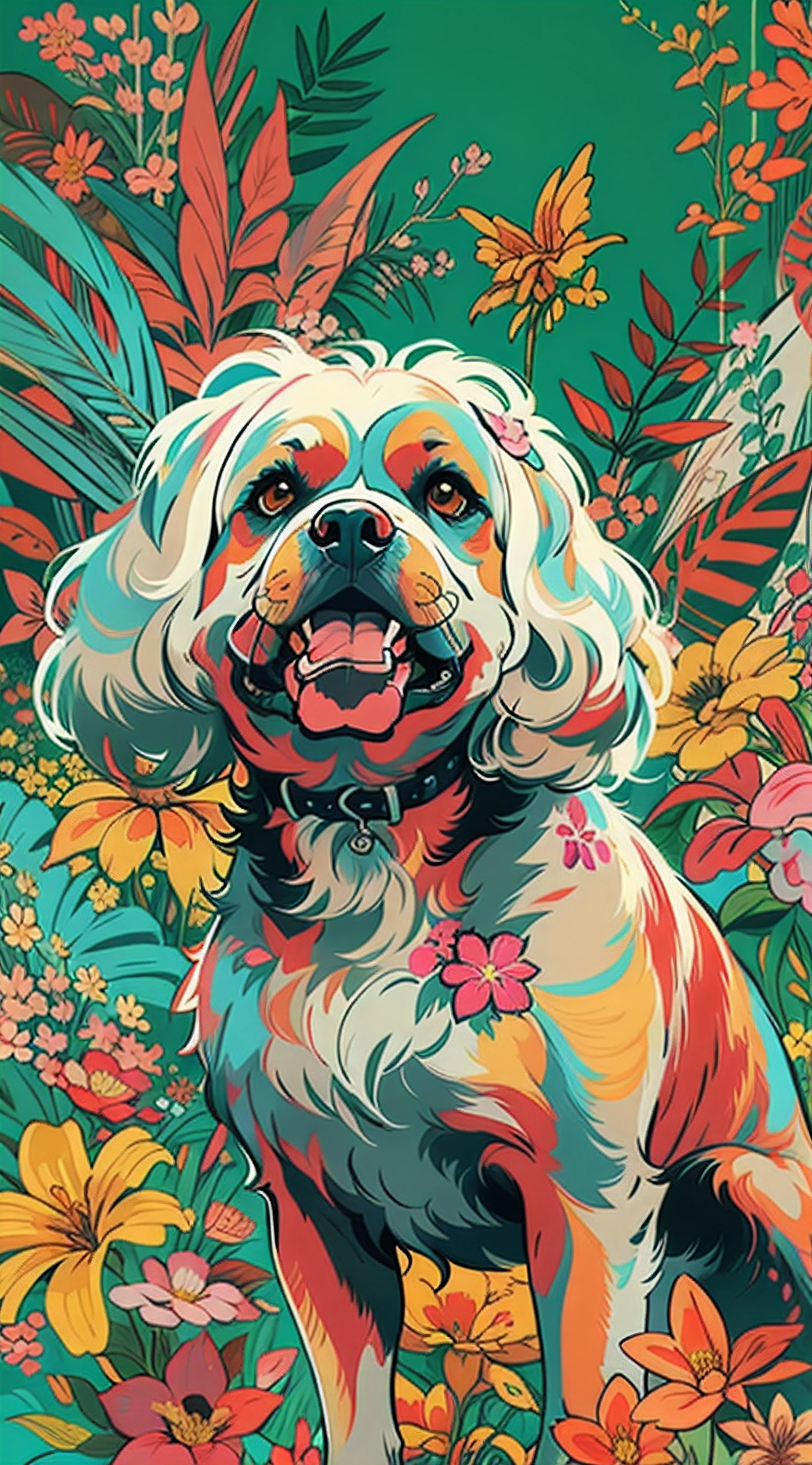 A close up of a dog with flowers on a green background - SeaArt AI