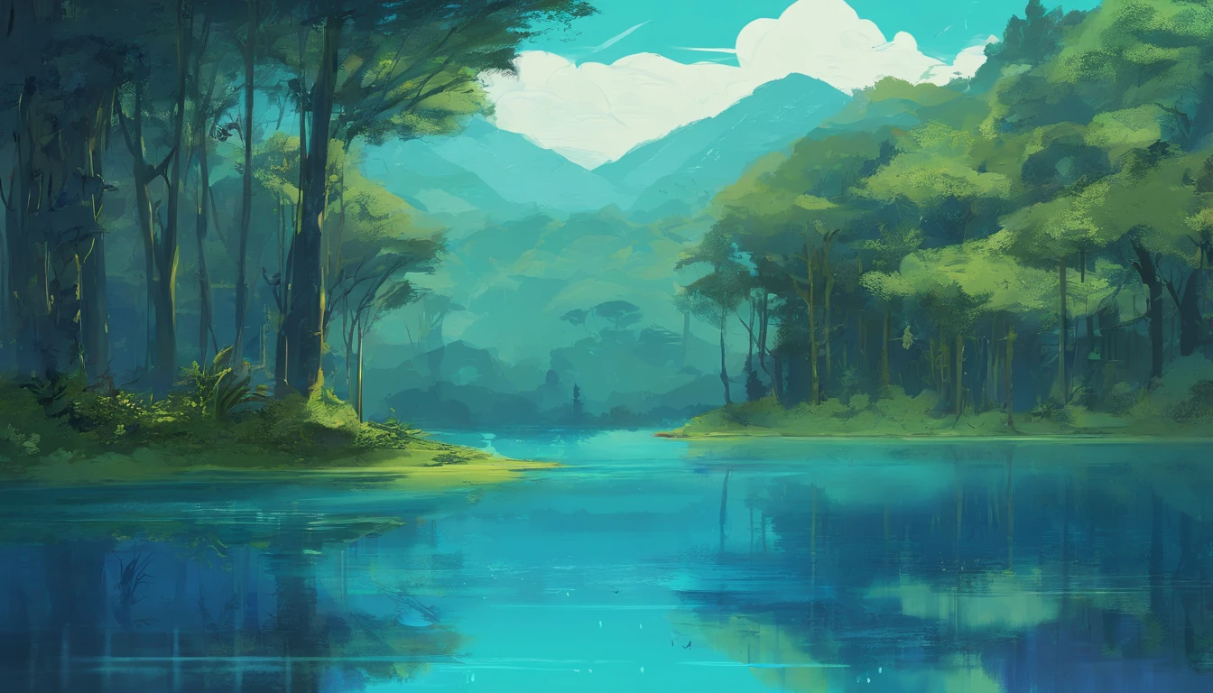 A small Amazonian lake on background of tall trees in shades of blue.