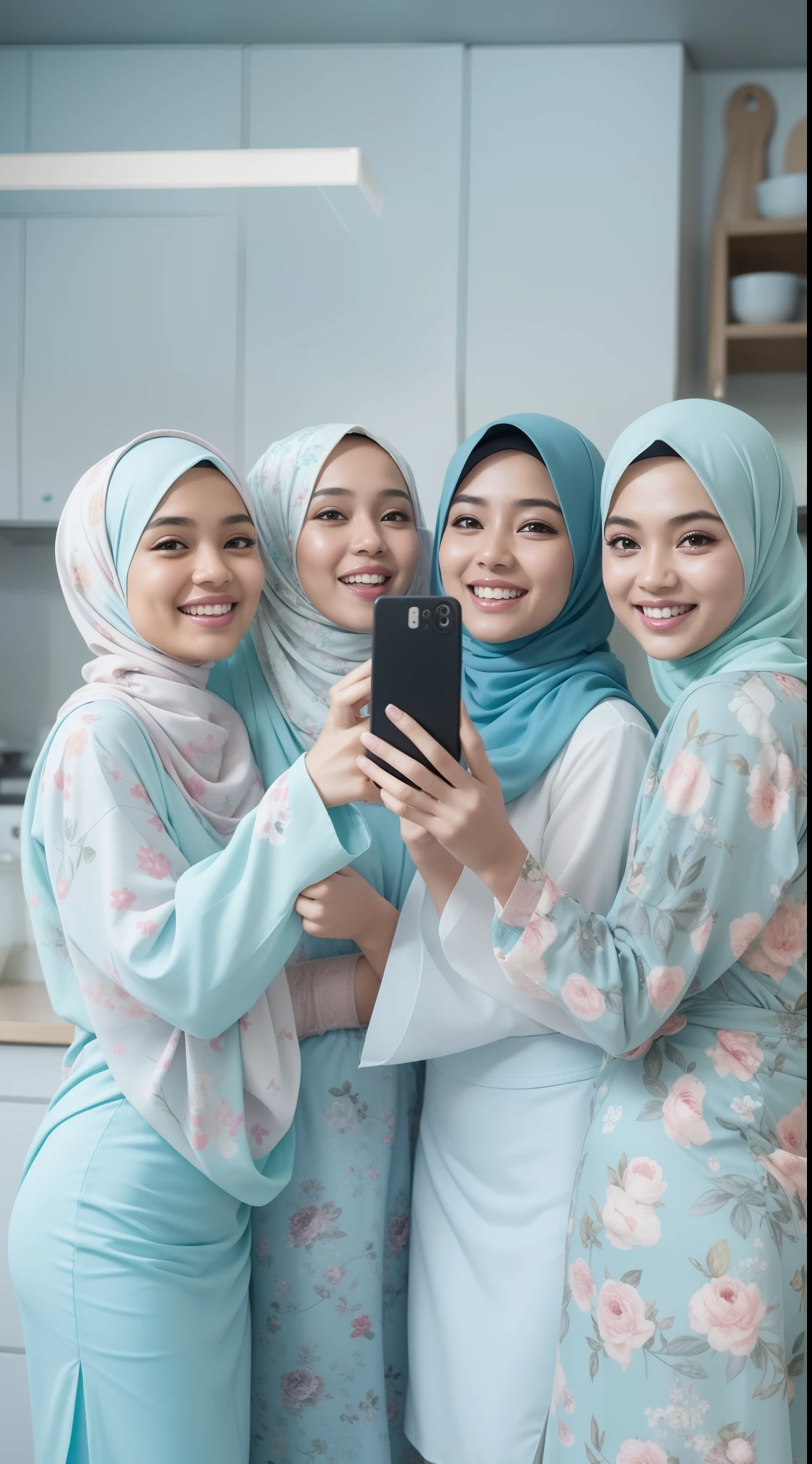 4 beautiful malay girl in pastel color hijab taking picture in modern kitchen, wear pastel blue and white floral pattern baju kurung, friendly and laughing situation, laughing, happy, modern pastel color kitchen, detailed skin texture, soft lighting, pastel color theme, high quality, movie shot framing, ultra detail, 8k,