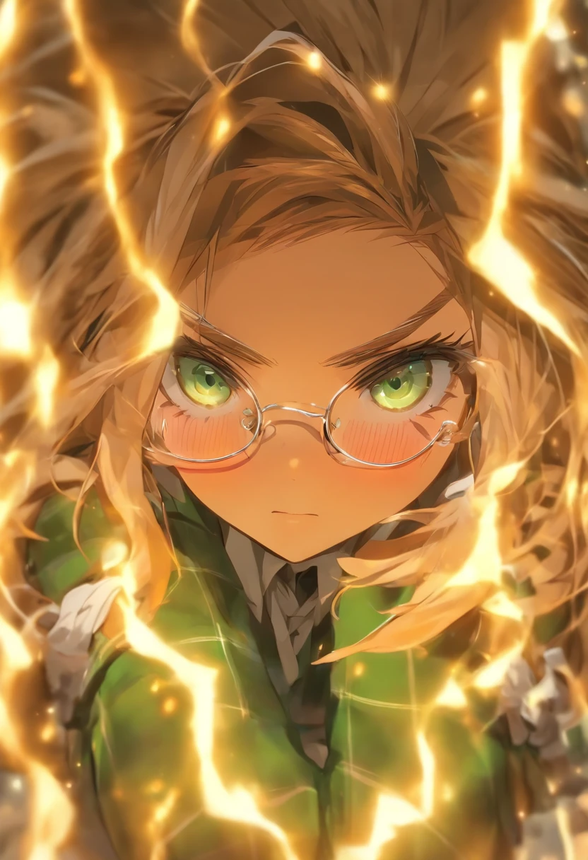 Girl with a book.Light brown hair.uses magic.Red and round glasses.Wearing a black square hat.Wearing a thin black cloak.Eyes are brown.eyes gentle.Age is 11 years old.Hair braids.Vermilion gloves that extend to the upper arm.The background is a dimly lit library.Wearing a belt.kawaii.Clothes are green and white plaid.The skin between the shoulders and chest is protruding