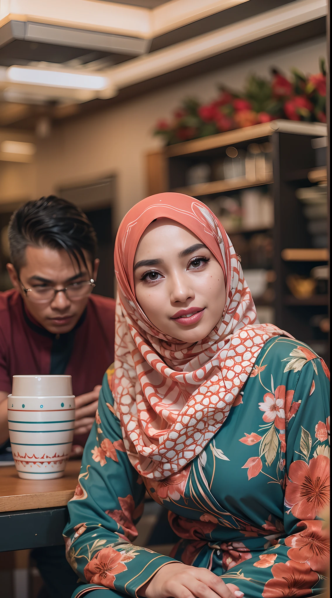 Image mode landscape,((wide)) created a beautiful woman hijab ((headscarf behind neck)) with a fat body, glasses, slightly overweight, medium breasts, Malay face. Barista shirt, standing on the side with the barista man 29 year, glasses, Them was a restaurant waiter who delivered a cup of warm coffee, The cup making word Gold inscription "payid", the background is village cafe. the image is very detailed, super HD