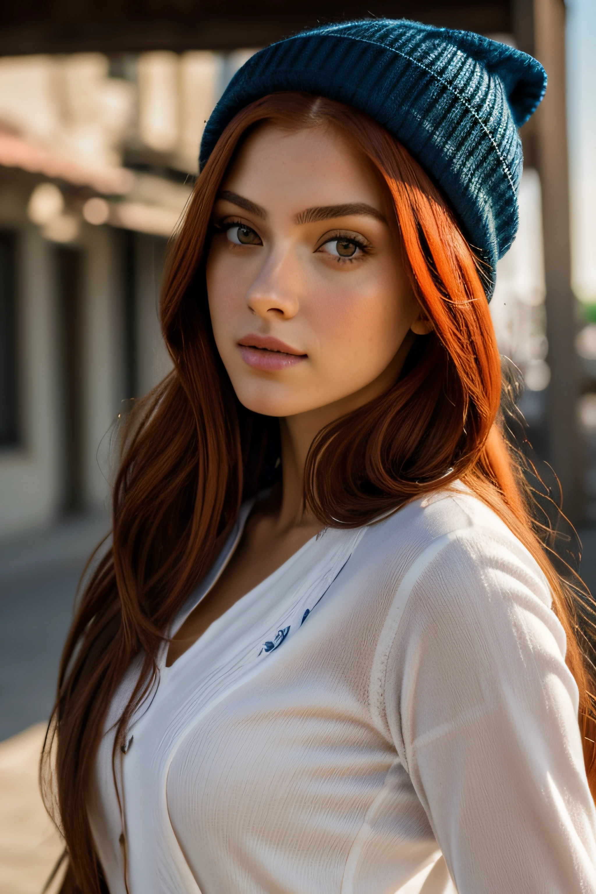 profesional, (Foto 4K:1.1) por (Jeremy Lipking:0.3), (Dittmann Anna:0.3), (Marcos Ariano:0.3), (foco nítido:1.3), High detail, Usando (Camisa entallada:1.2), cara hermosa y detallada, An attractive woman with long red hair looks at the camera, resembling actress Katherine McNamara, Panasonic Lumix s pro 50mm f/1.4, Ana Stokes, toques de color, naranja oscuro y esmeralda oscuro, Ferrania P30, foto realista, (Mujer joven atractiva:1.3), (seductor:1.1), (sonrojo:1.1), Forma del cuerpo del reloj de arena, pechos grandes y redondos, caderas anchas, En el fondo de la ciudad, toma selfie, Uso de Jumper