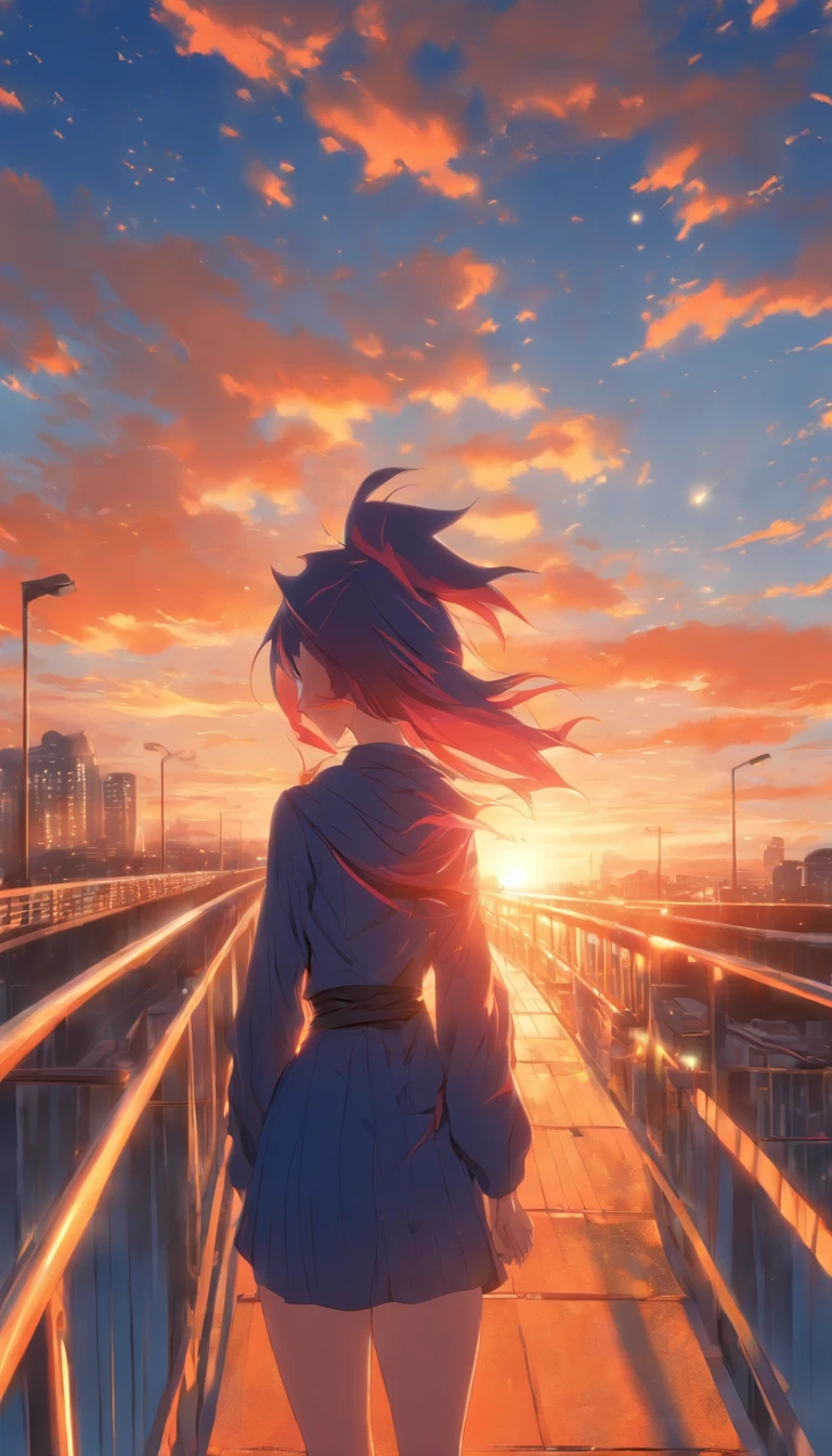 A woman twilight on a pedestrian bridge in the morning. The sun is diagonally above. Fantastic blue sky. Close-up of upper body. Oblique back view, high quality down to the last detail. Fantastic landscape . People large .
