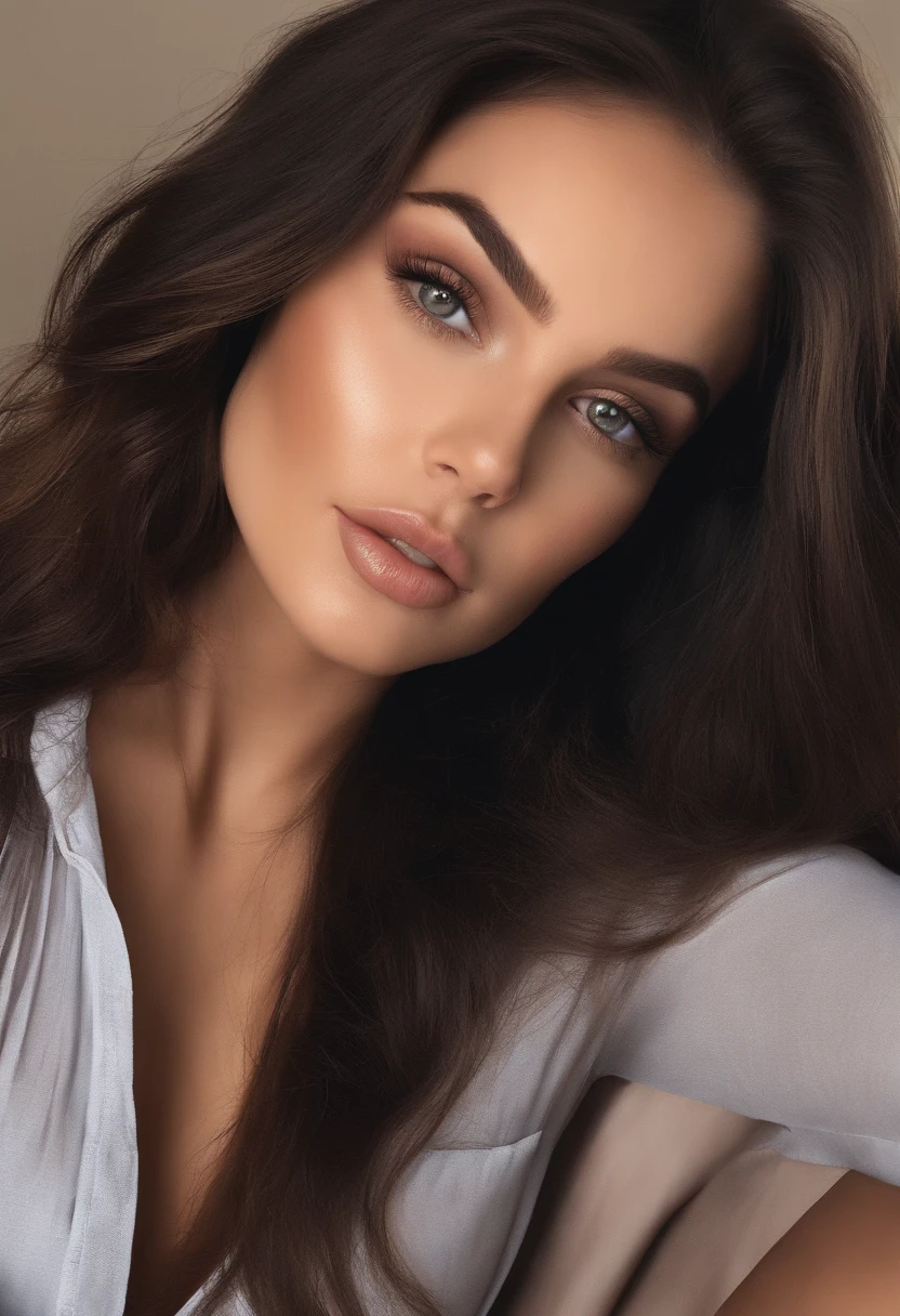 Arafed woman completely , fille sexy aux yeux bruns, ultra realist, hispanic, Meticulously detailed, Portrait Sophie Mudd, cheveux bruns et grands yeux, selfie of a young woman, Yeux de chambre, Violet Myers, sans maquillage, maquillage naturel, looking straight at camera, Visage avec Artgram, Maquillage subtil, Great photo of the whole body kneeling on the bed, dans la chambre, Medium to large bust