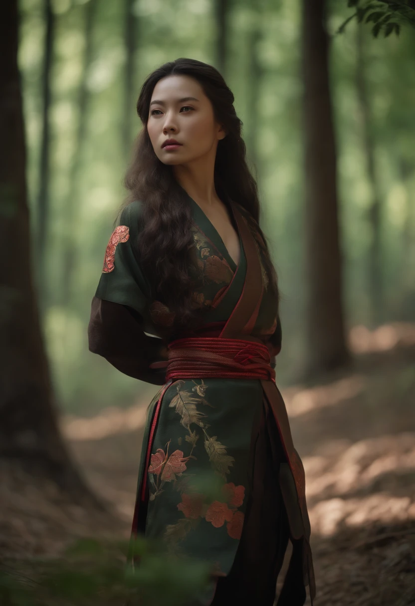4k, Realistic, very detail, There is a girl in the forest, She is a samurai, war theme, Soft clothing, Long hair, Wearing leggings, 25 years, full - body, Wearing Gucci shoes