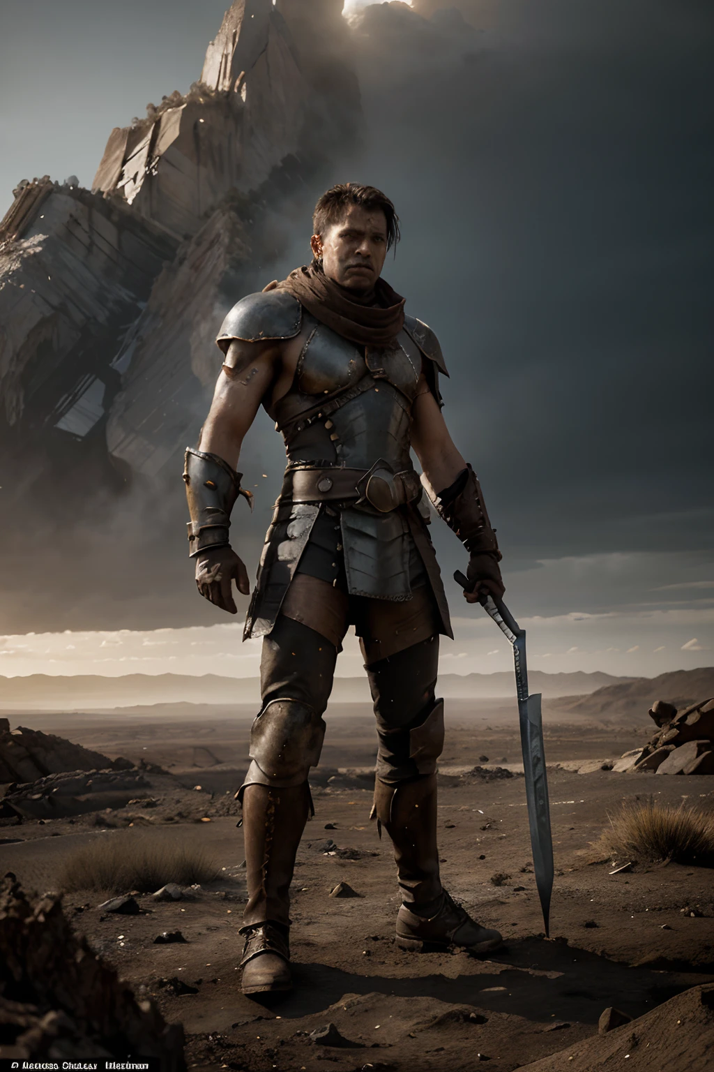 The image displays an imposing warrior, standing tall in the center of a hostile and desolate terrain. His figure is a mixture of strength and agility, encased in iron armor marked by past battles. Each piece of armor tells a story, with deep scratches and patches of dry earth, highlighting the challenges faced.
The warrior's eyes radiate determination, a flame of courage that burns even in the most adverse conditions. His features are shaped by experience, marked by lines of determination and a sharp gaze that scrutinizes the terrain around him.
The landscape around the warrior is barren and brutal. The soil is a mixture of parched earth, irregular rocks and dust that dances in the air. The colors are a palette of earthy tones and grays, with no signs of plant life. The sky hangs over the warrior, a gloomy dome that threatens with heavy clouds.
On the distant horizon, shadows indicate the presence of threats that wait, ready to challenge. The hostile landscape seems to bow to the warrior's presence, as if recognizing the strength he brings with him.
In this image, the warrior stands as a last line of defense against the adversity imposed by the hostile terrain. Their presence is a promise of unwavering resistance, a reminder that even in the midst of desolation, courage and determination can find their way.