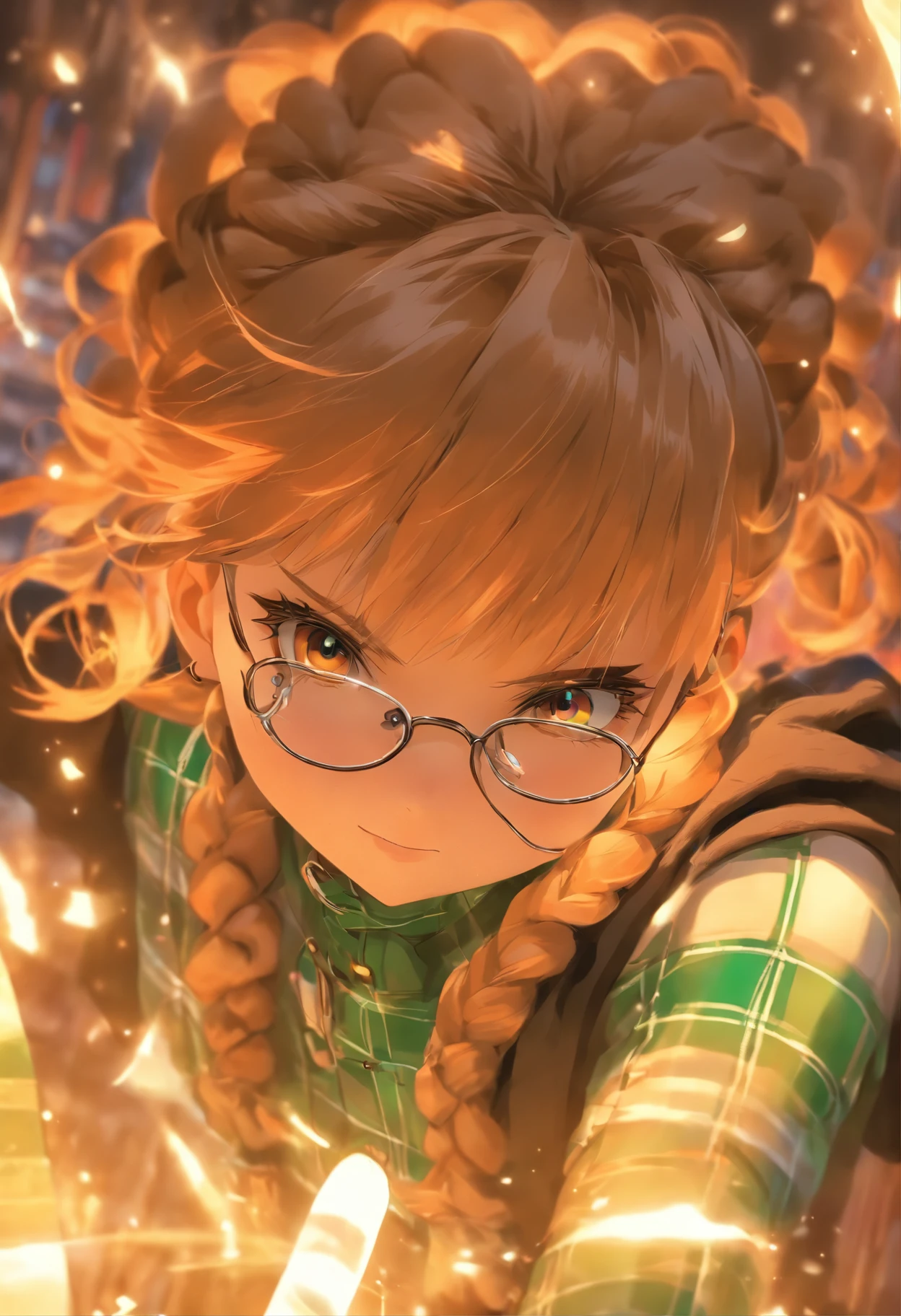 Girl with a book.Light brown hair.uses magic.Red and round glasses.Wearing a black square hat.Wearing a thin black cloak.Eyes are brown.eyes gentle.Age is 11 years old.Hair braids.Vermilion gloves that extend to the upper arm.The background is a dimly lit library.Wearing a belt.kawaii.Clothes are green and white plaid.The skin between the shoulders and chest is protruding