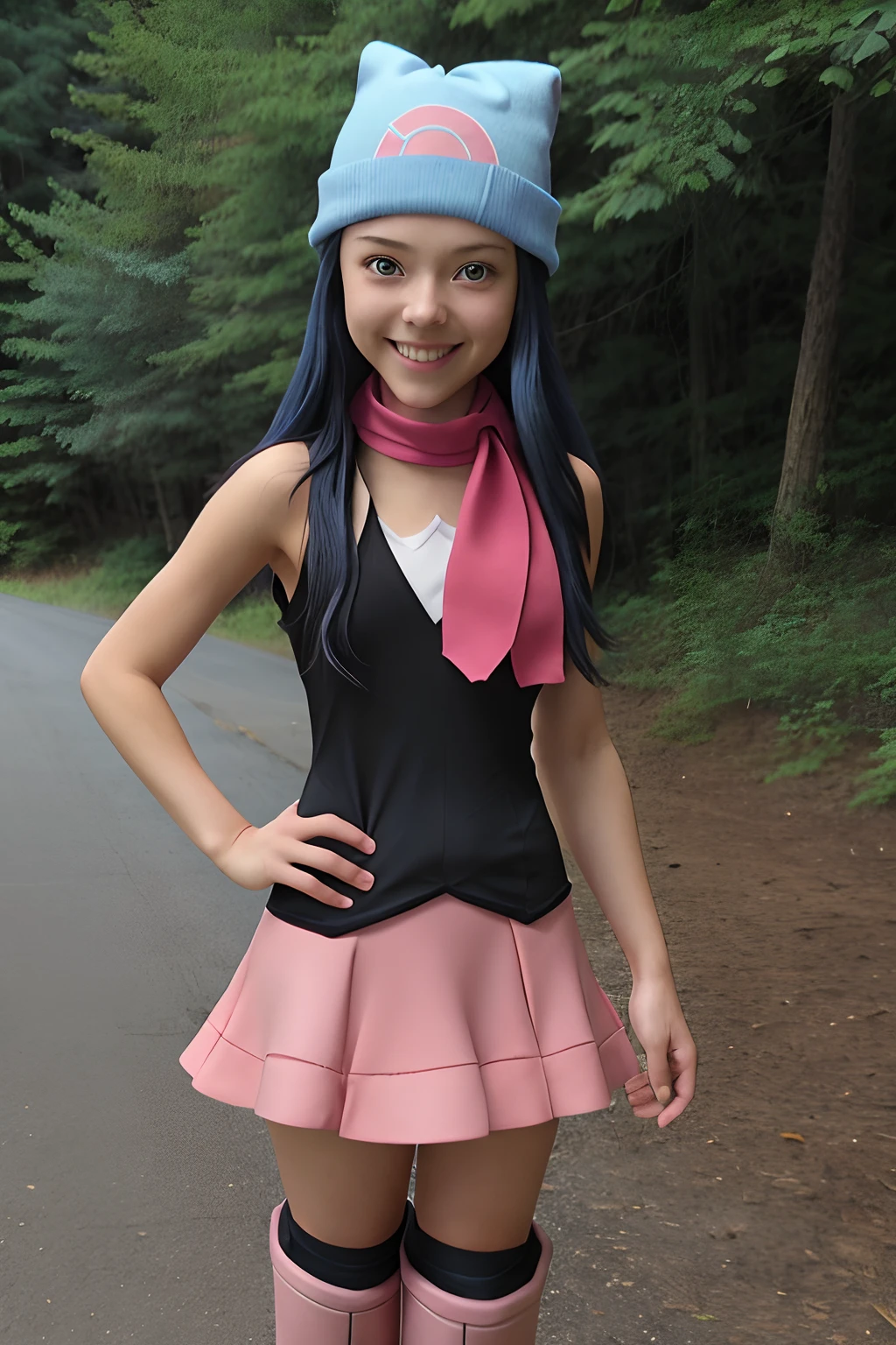 masterpiece, best quality, 1girl, dawn \(pokemon\), beanie, long hair, blue hair, blue eyes, black sleeveless shirt, pink scarf, pink skirt, pink boots, hands on hips, smile, looking at viewer, forest background