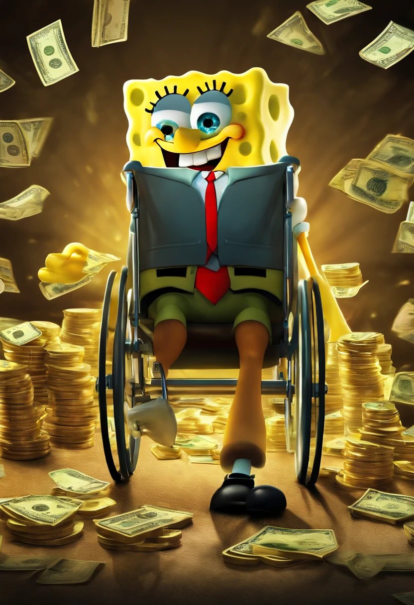 disney movie poster futuristic spongebob sitting in wheelchair with stacks of money behind him