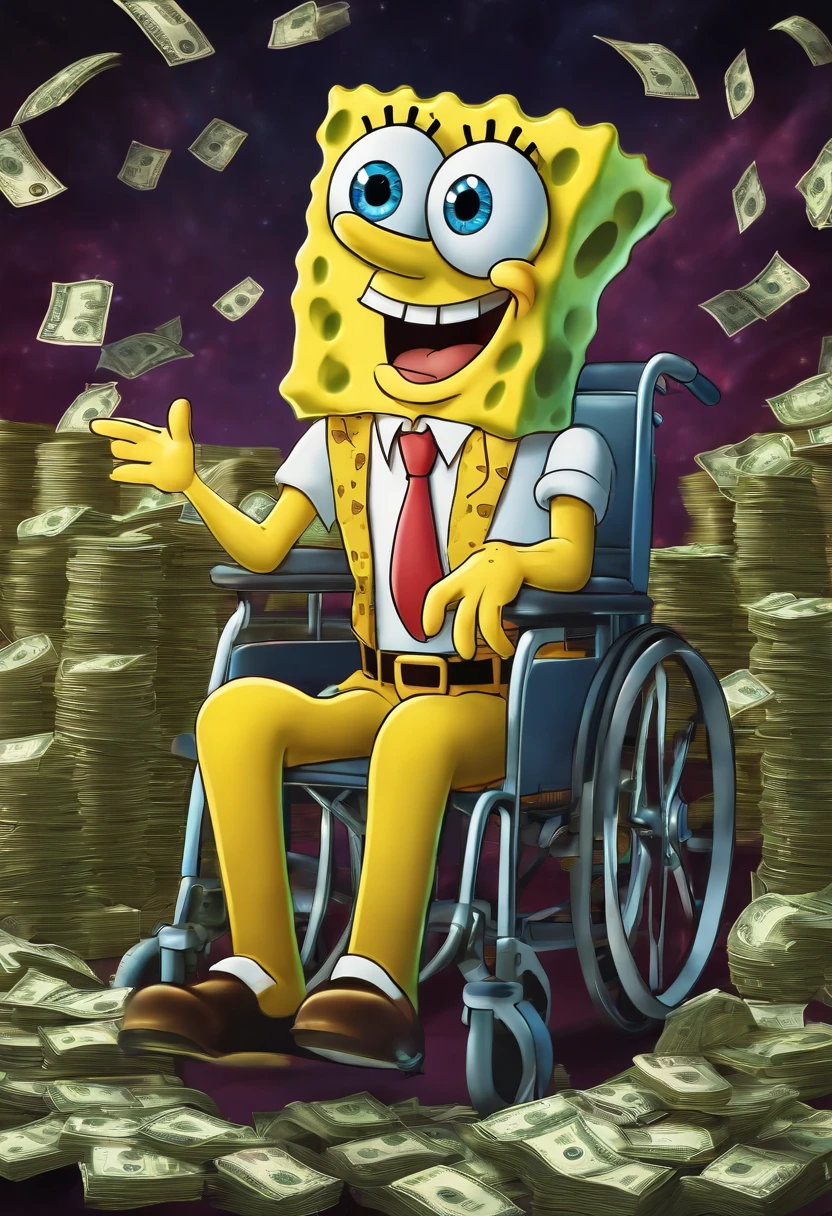 disney movie poster futuristic spongebob sitting in wheelchair with stacks of money behind him