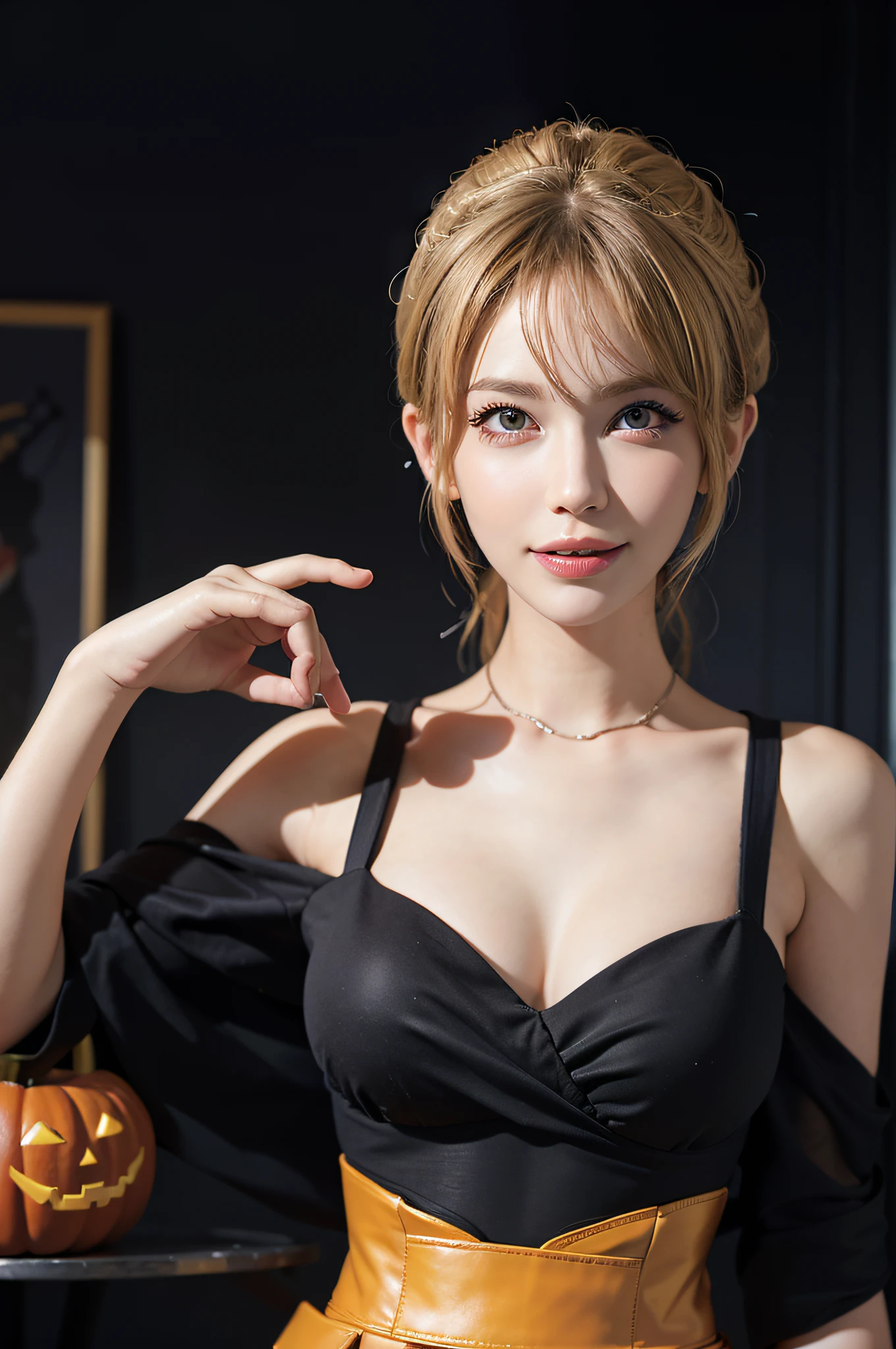 (8K, Raw photo:1.2)Detailed face and eyes,Best Quality, 超A high resolution, Highly detailed ,intricate detailes ,masutepiece ,Cute Girl , Soft cinematic light, Hyper-detailing,Sharp Focus, High quality,  Halloween, Jack-o'-lantern, tits out, a blond, Bob Hair, bob cuts, Pumpkin Cap