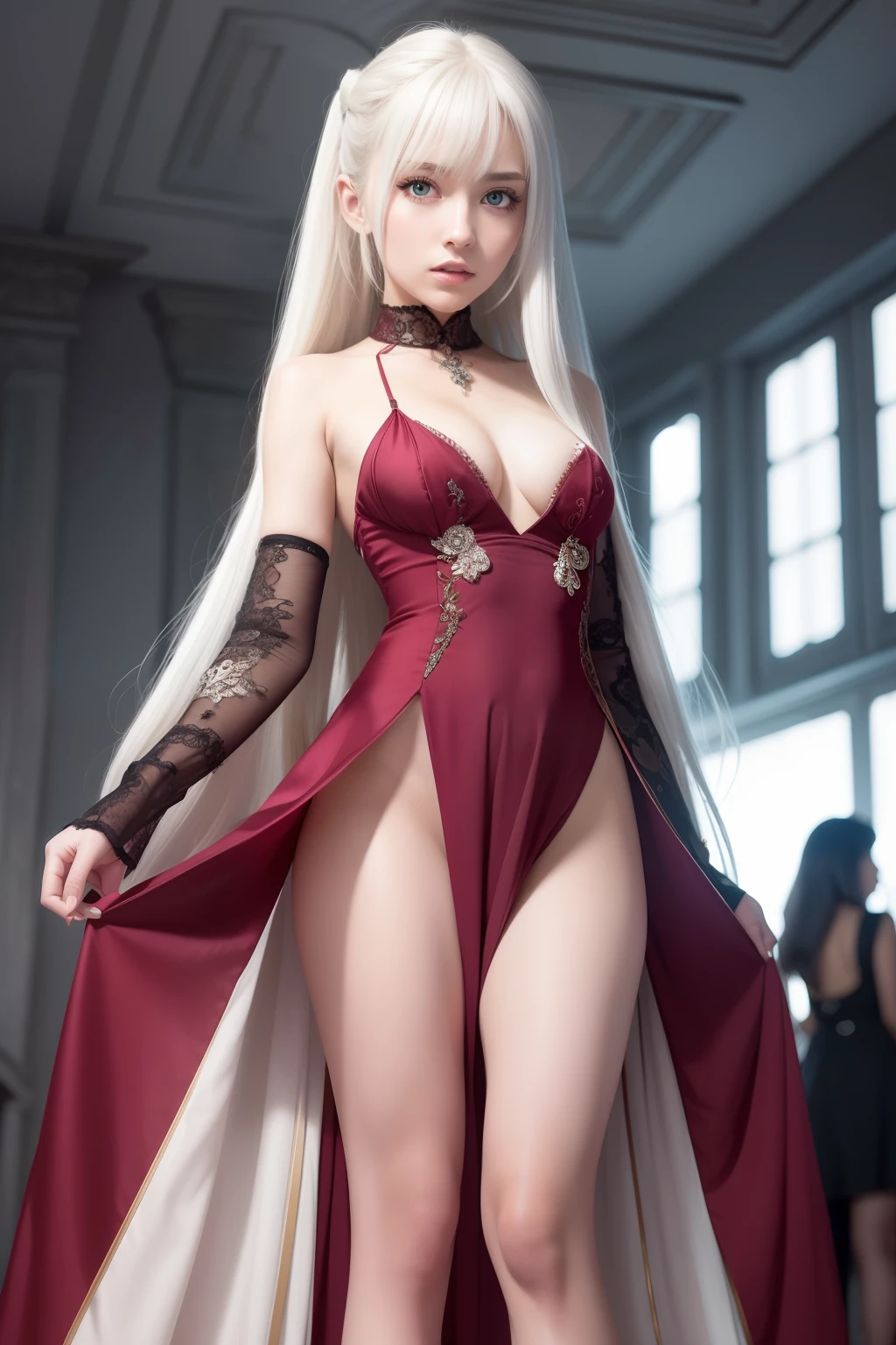 animification,masutepiece, Best Quality, Extremely detailed, cinematic lightening, intricate detailes, hight resolution, Official art,Illustration, Dense beautiful face and eyes, High resolution illustration, 8K, depth of fields, Bokeh, Solo, 1girl in, Girl with white hair and red eyes, long white hair, Beautiful red eyes, ,Very small breasts,Very small,Princess style,Longer dress,high-heels,