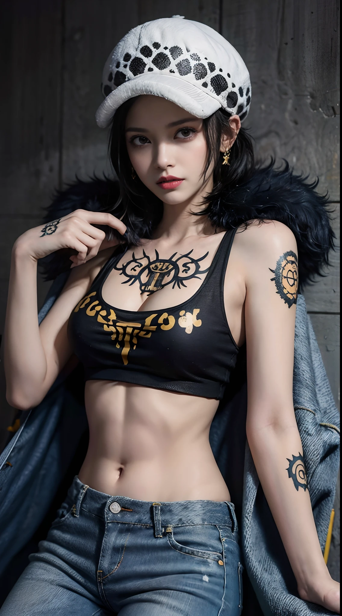 masterpiece, best quality, 8k,highestres, absurdres, extremely detailed, female trafalgar law, 1girl, 1sword, solo, looking at viewer, short hair, medium breasts, hat, navel, cleavage, collarbone, earrings, midriff, pants, coat, fur trim, denim, jeans, shoulder tattoo, hand tattoo, finger tattoo, black fur-trimmed coat, coat on shoulders, yellow tank top,///,