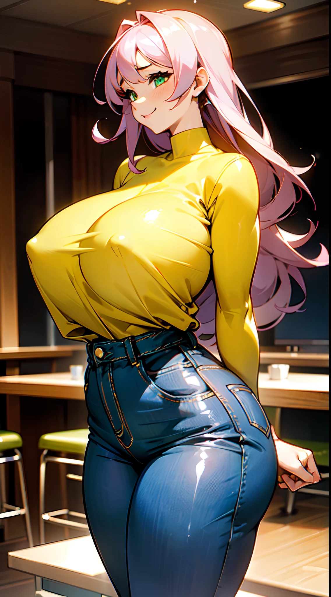 In restaurant, In diner, diner, eating food, drops food, clumsy face, surprised face, yellow shirt, light blue jeans, tight jeans, tight yellow shirt,1woman, very curvy, huge breasts, massive ass, mature, smiling, long brown straight hair, green eyes, sexy , slit on the left side, dark brown skin, pretty face, seductive, slutty, gigantic breasts!!!!, top heavy, overweight, chubby, ginormous breasts!!!!, expanding breasts, out of proportion breasts, worlds biggest breasts in the world, big wide hips, big ass, big juicy ass, bra-less!!!, no bra, no bra, no shirt, , naked, no shirt, no clothing, huge areola, absurd size breasts, seductive, High quality , pink areola , pink nipple, puffy , OPPAI RATIO!!!!, ((((OPPAI)))), bug breasts, colossal breasts!!!!!