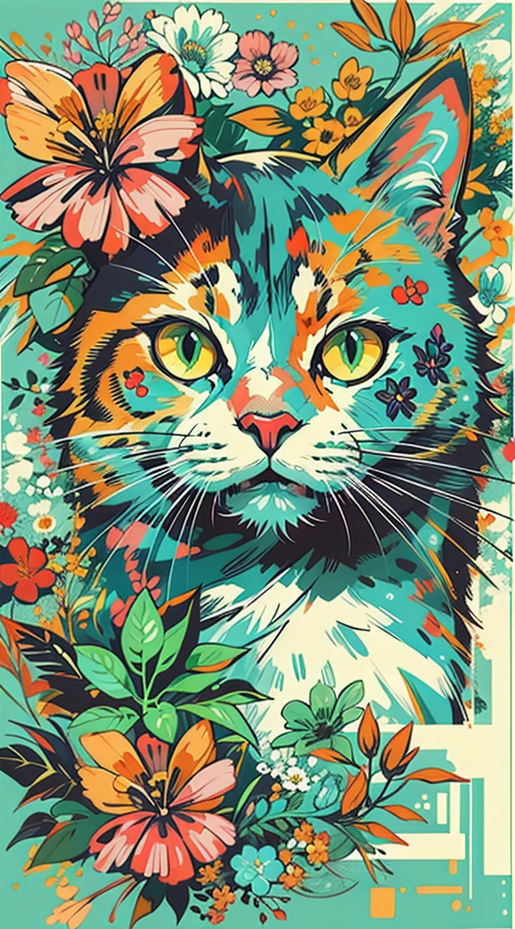 Create digital artwork in the Pop Art style, Featuring a vibrant and confident cat，street fashion, Movie color scheme, Surrounded by vintage flower motifs, Vibrant brushstrokes,Emotions should be dynamic, Upper body, Drawing, illustration, escala cinza, tropical, Many flowers,