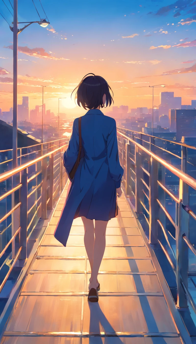 A woman twilight on a pedestrian bridge in the morning. The sun is diagonally above. Fantastic blue sky. Close-up of upper body. Oblique back view, high quality down to the last detail. Fantastic landscape . People large .
