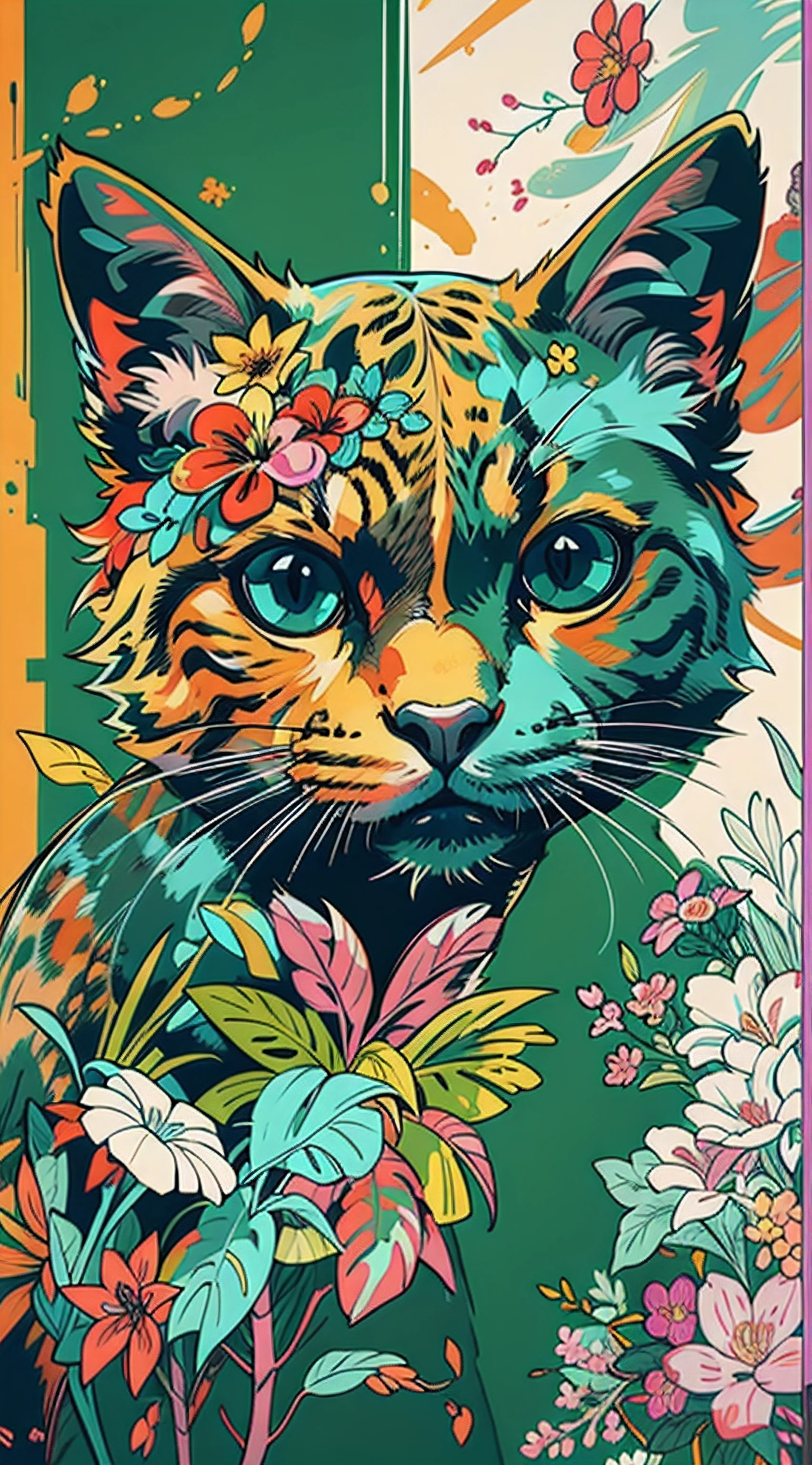 Create digital artwork in the Pop Art style, Featuring a vibrant and confident cat,street fashion, Movie color scheme, Surrounded by vintage flower motifs, Vibrant brushstrokes,Emotions should be dynamic, Upper body, Drawing, illustration, escala cinza, tropical, Many flowers,