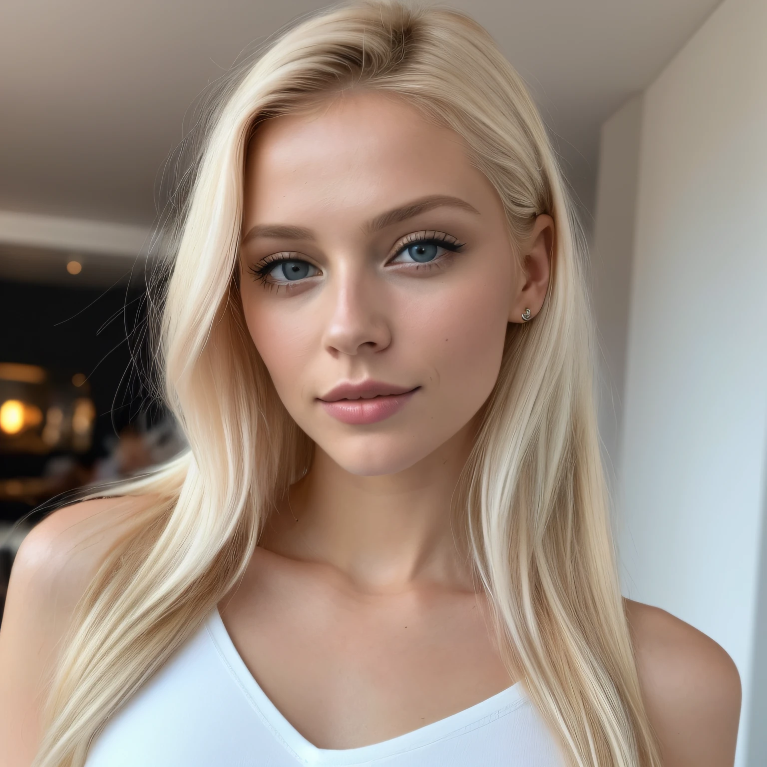 A woman with long blonde hair and blue eyes posing for a picture ...