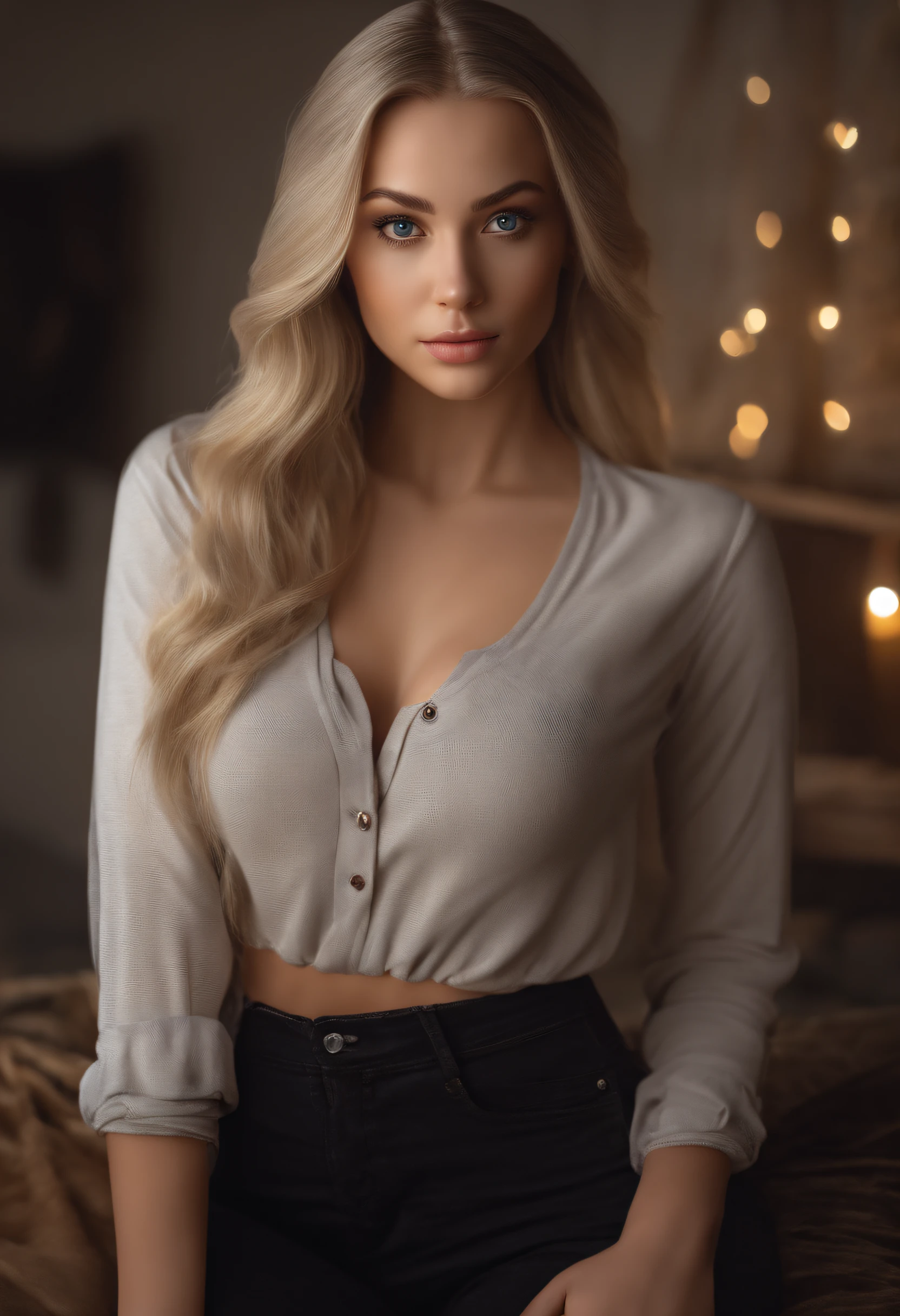 arafed woman fully , sexy girl with blue eyes, ultra realistic, meticulously detailed, portrait sophie mudd, blonde hair and large eyes, selfie of a young woman, bedroom eyes, violet myers, without makeup, natural makeup, looking directly at the camera, face with artgram, subtle makeup, stunning full body shot standing straight, in Studio, large size bust