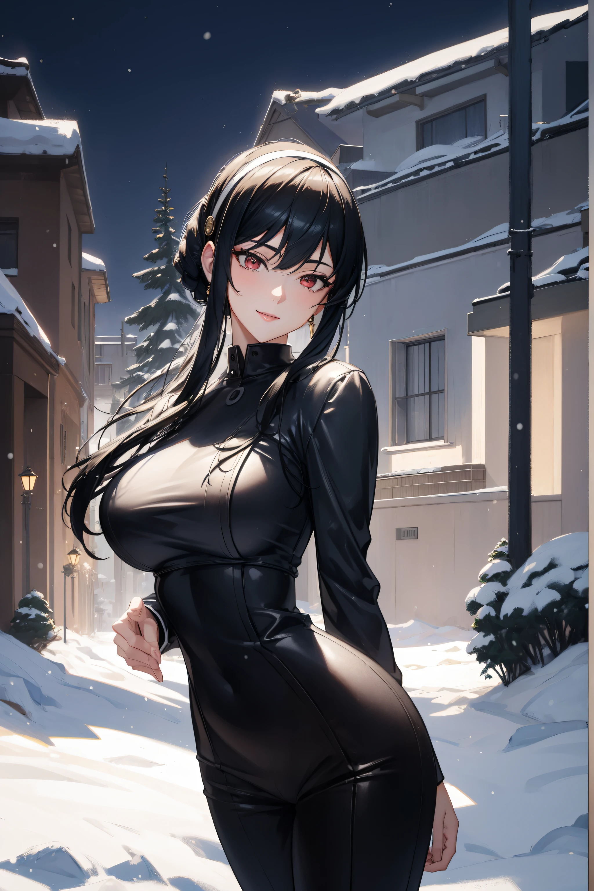 (Night:1.7), palms, pine_tree,sky,snow, snowing,tower, town, tree,
standing at attention,pose, hand on hip,
wearing pinstripe suit, black suit, collared shirt, pinstripe skirt, black pantyhose,
bbyorf, short hair with long locks, white hairband, red eyes, gold earrings,
1 girl, 20yo,mature female,Beautiful Finger,Beautiful long legs,Beautiful body,Beautiful Nose,Beautiful character design, perfect eyes, perfect face,
looking at viewer, (innocent_big_eyes:1.0),(seductive smile:1.3),
NSFW,official art,extremely detailed CG unity 8k wallpaper, perfect lighting,Colorful, Bright_Front_face_Lighting,
(masterpiece:1.0),(best_quality:1.0), ultra high res,4K,ultra-detailed,
photography, 8K, HDR, highres, absurdres:1.2, Kodak portra 400, film grain, blurry background, bokeh:1.2, lens flare, (vibrant_color:1.2)
(Beautiful,medium_Breasts:1.4), (beautiful_face:1.5),(narrow_waist),(perfect hands, perfect anatomy),
