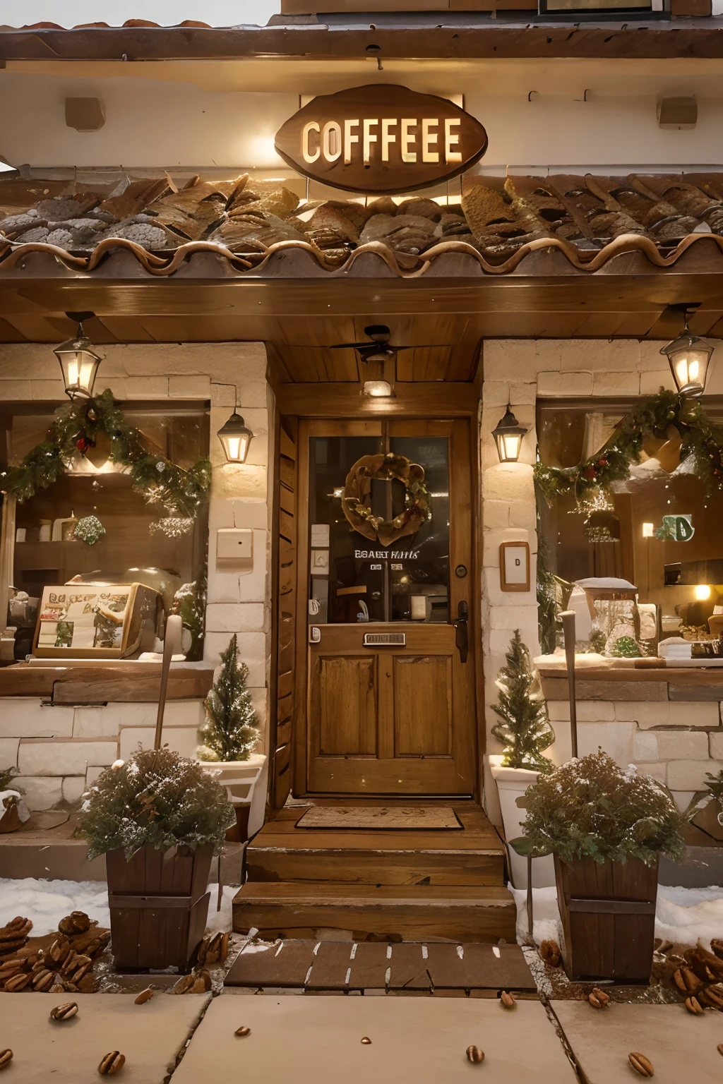 ultra definition 8k Cozy coffeeshop exterior front view selling coffee pecan pie in cozy villages, with christmas elements, in brazilian christmas season, soft and muted colors, Armoni, Sweet spring, Chocolate pecan pie, Lots of details, in christmas season