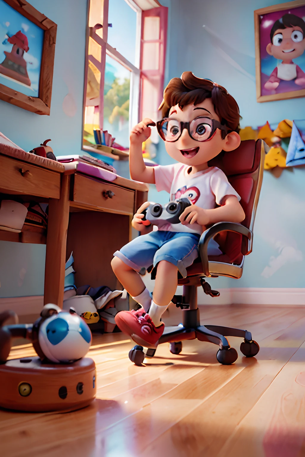 a 3d pixar disney style movie poster with a happy 3y.o boy wearing glasses, brown eyes, black hair, playing playstation in your room.