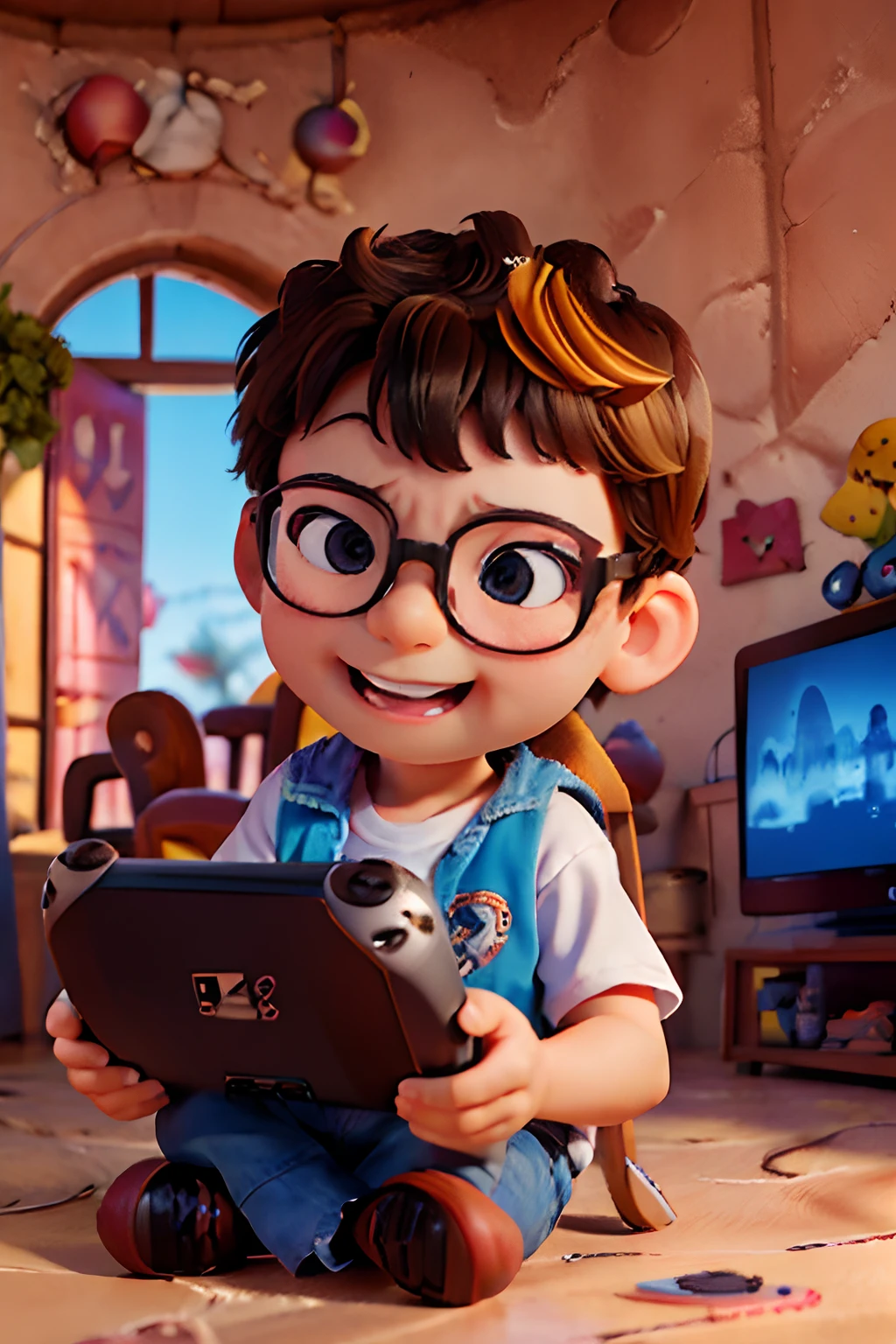 a 3d pixar disney style movie poster with a happy 3y.o boy wearing glasses, brown eyes, black hair, playing playstation in your room.