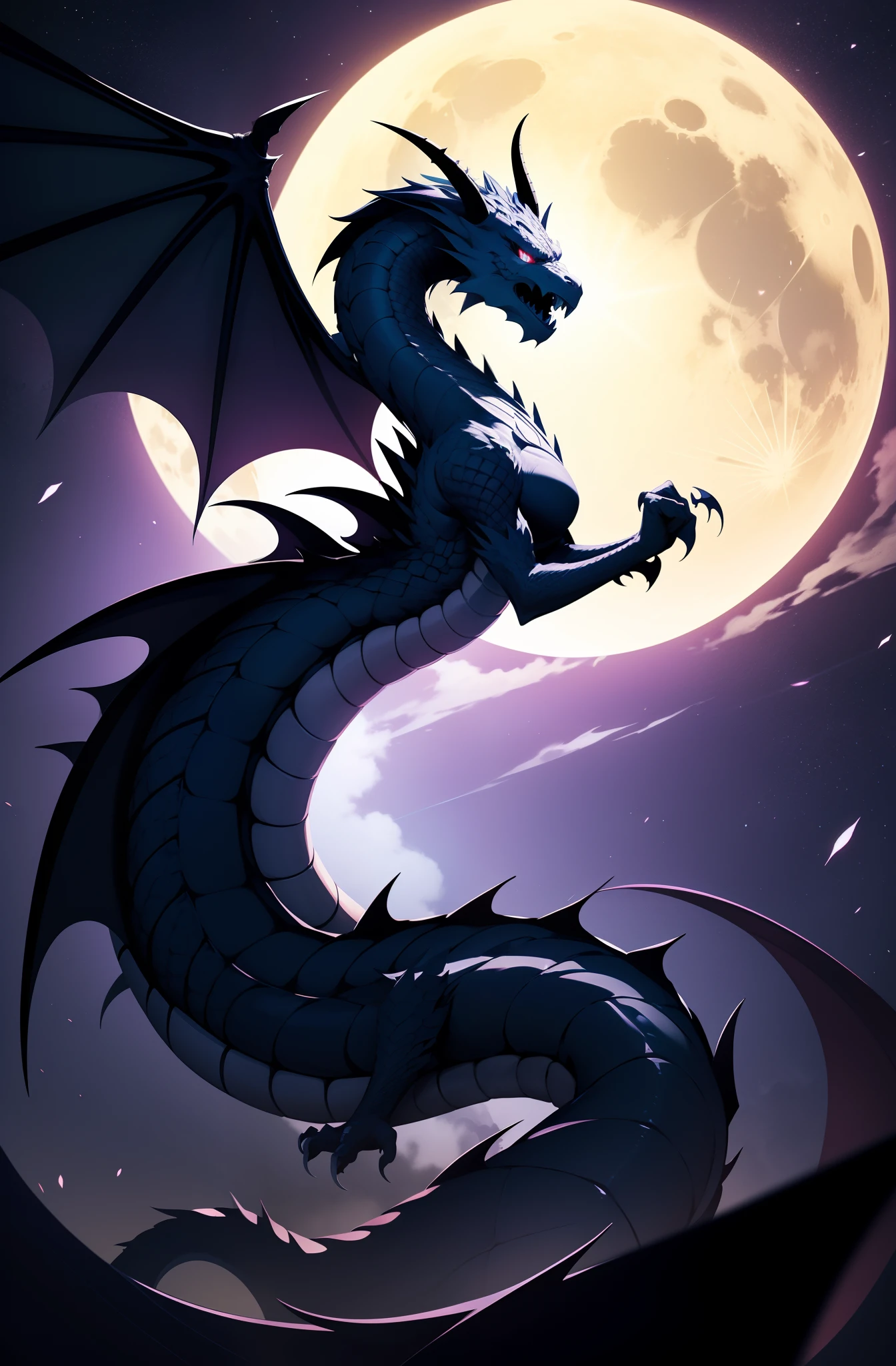 Logo design，Flat drawing，dragon, moon, darkness, nightmare, fantasy, blue eyes, white skin, demon, evil, fire